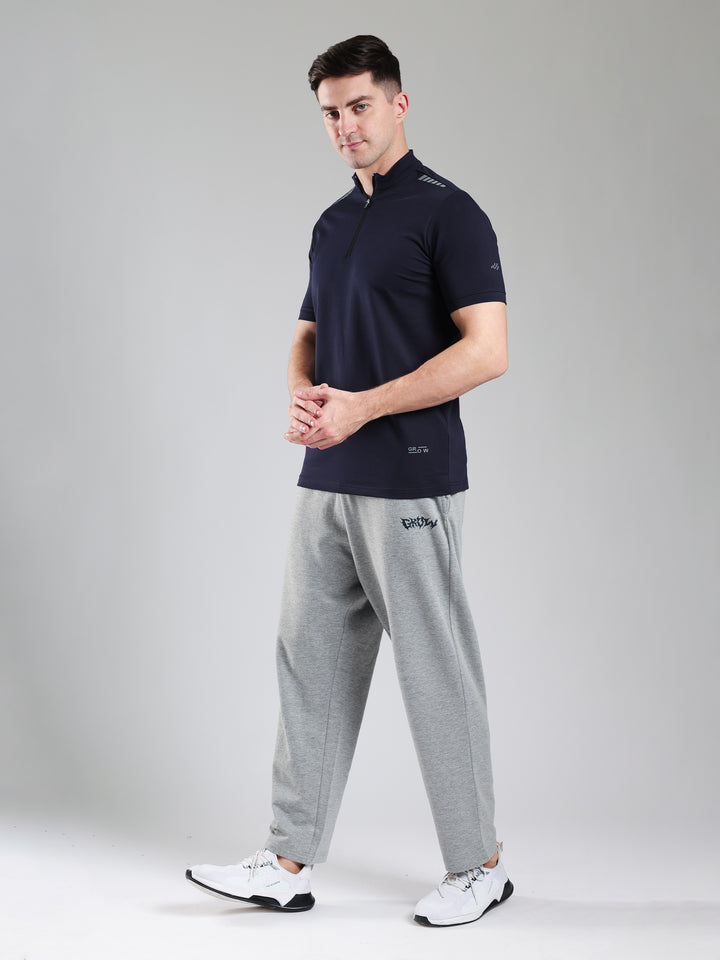Quarter Zip Solid Half Sleeves Tshirt Navy
