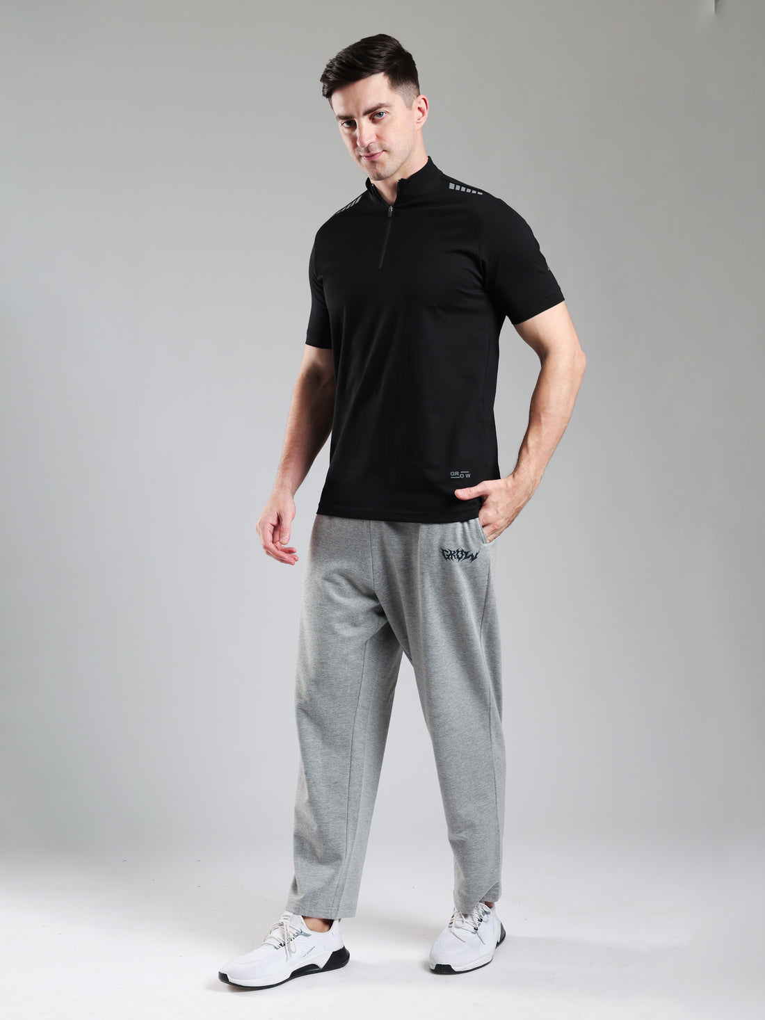 Quarter Zip Solid Half Sleeves Tshirt Black