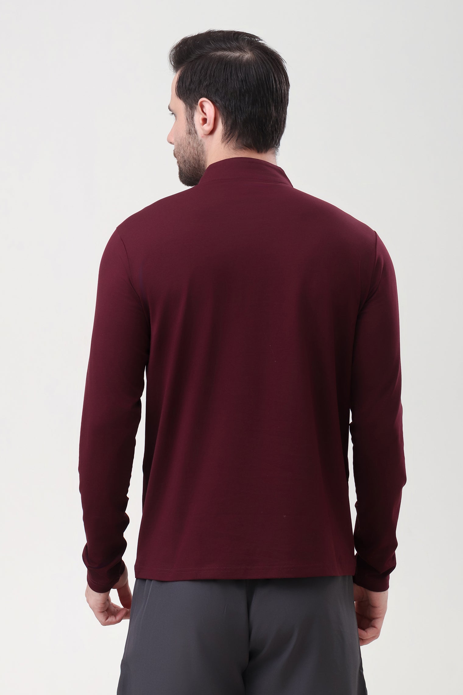 Quarter Zip Solid Full Sleeve T-Shirt (Cotton Feel) Wine