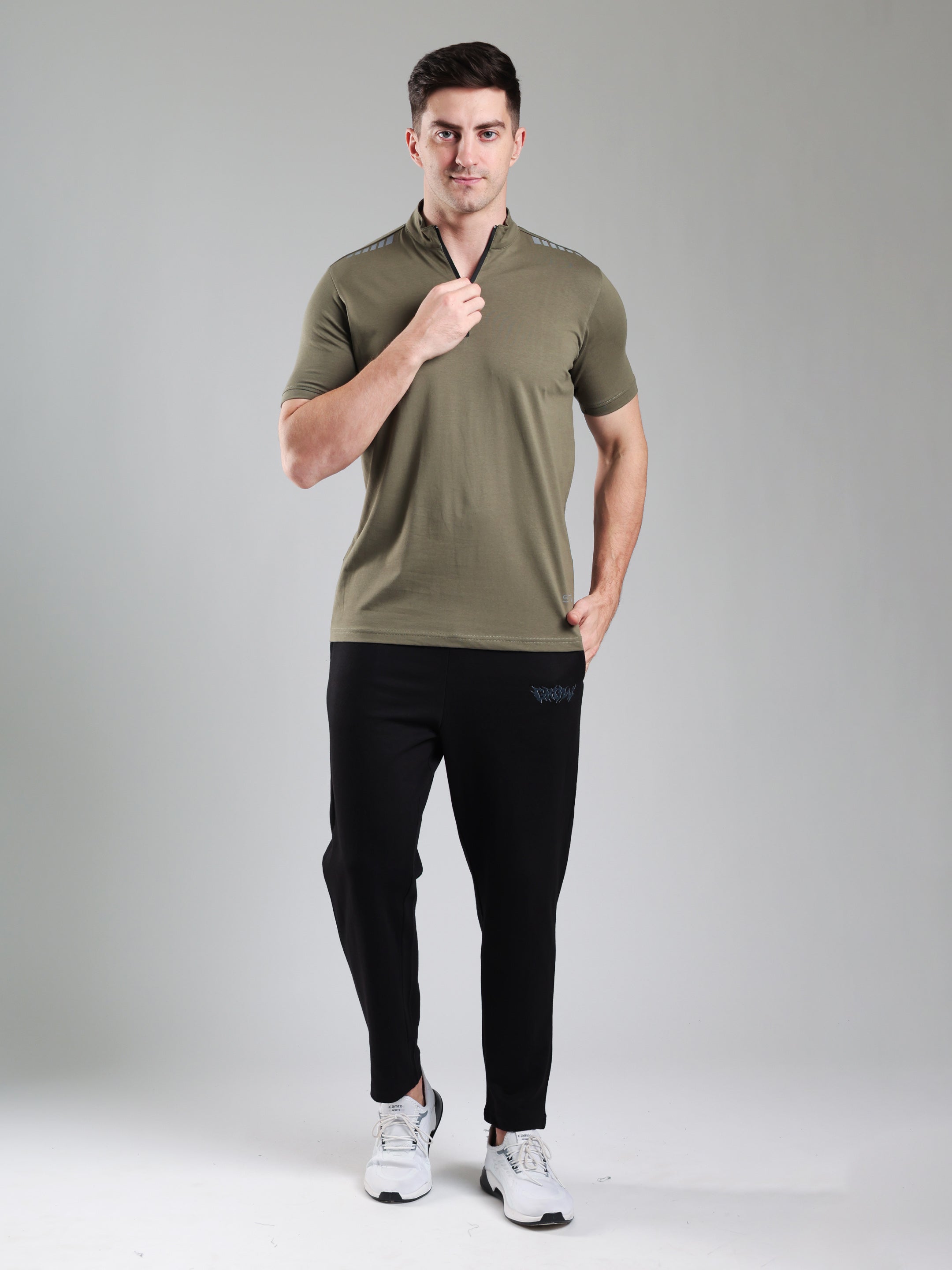 Quarter Zip Solid Half Sleeves Tshirt Mid Grey