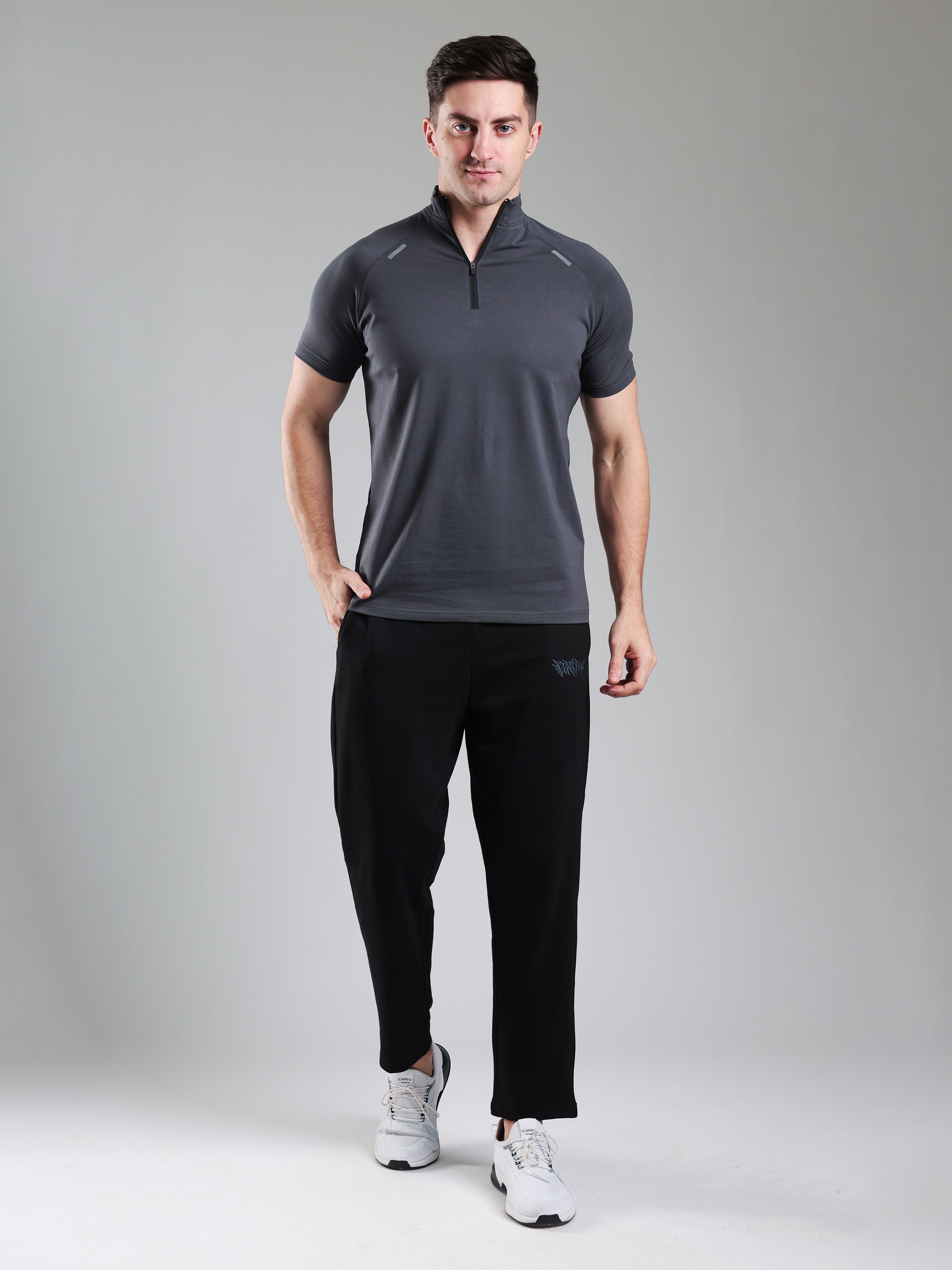 Raglan Quarter Zip Half Sleeves Tshirt Dark Grey