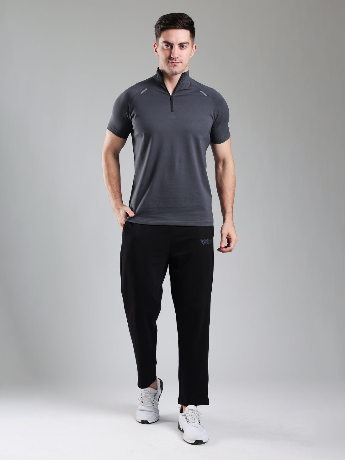 Raglan Quarter Zip Half Sleeves Tshirt Dark Grey