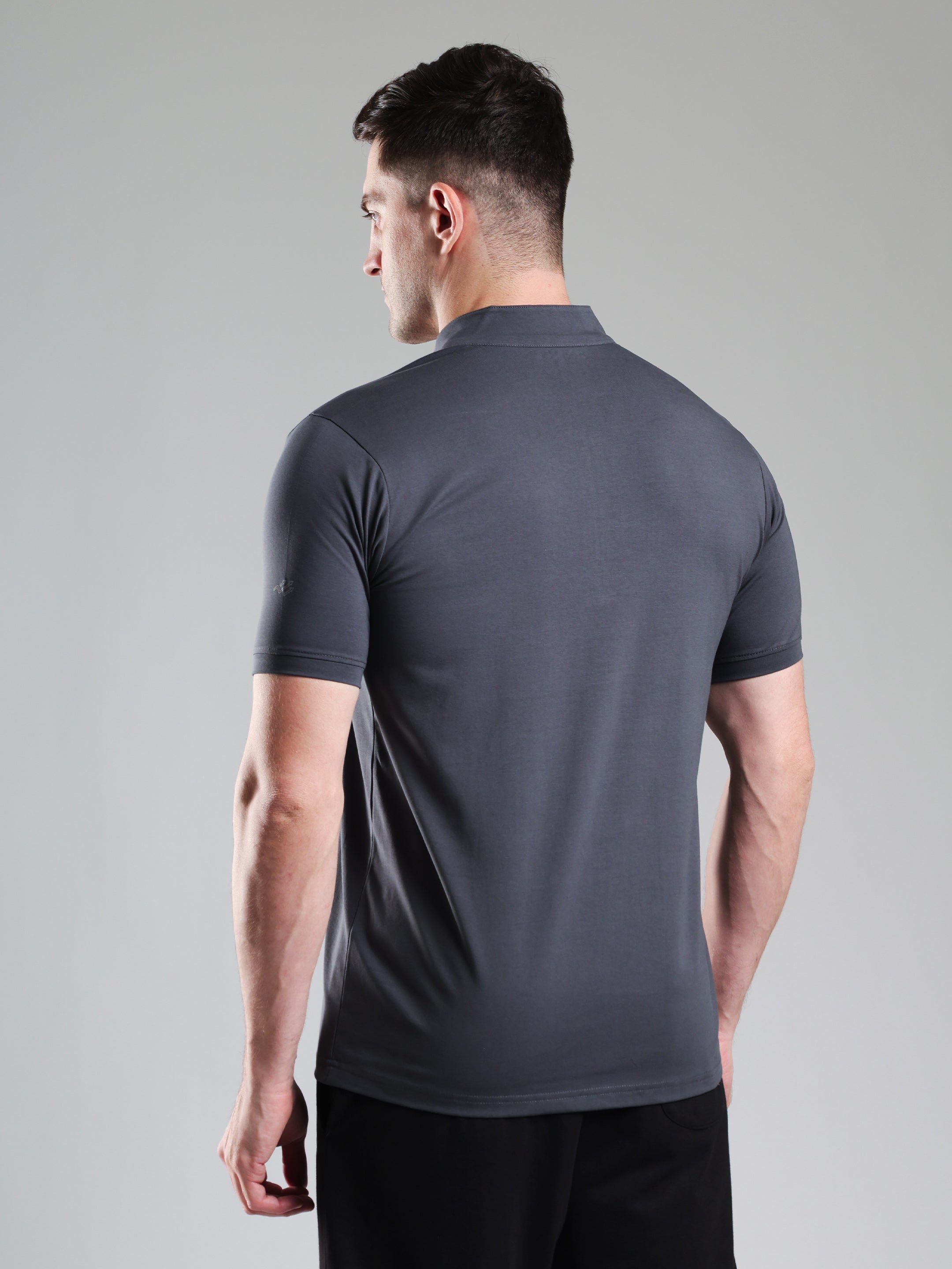 Quarter Zip Solid Half Sleeves Tshirt Dark Grey
