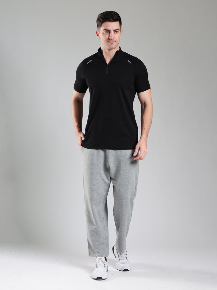 Raglan Quarter Zip Half Sleeves Tshirt Black