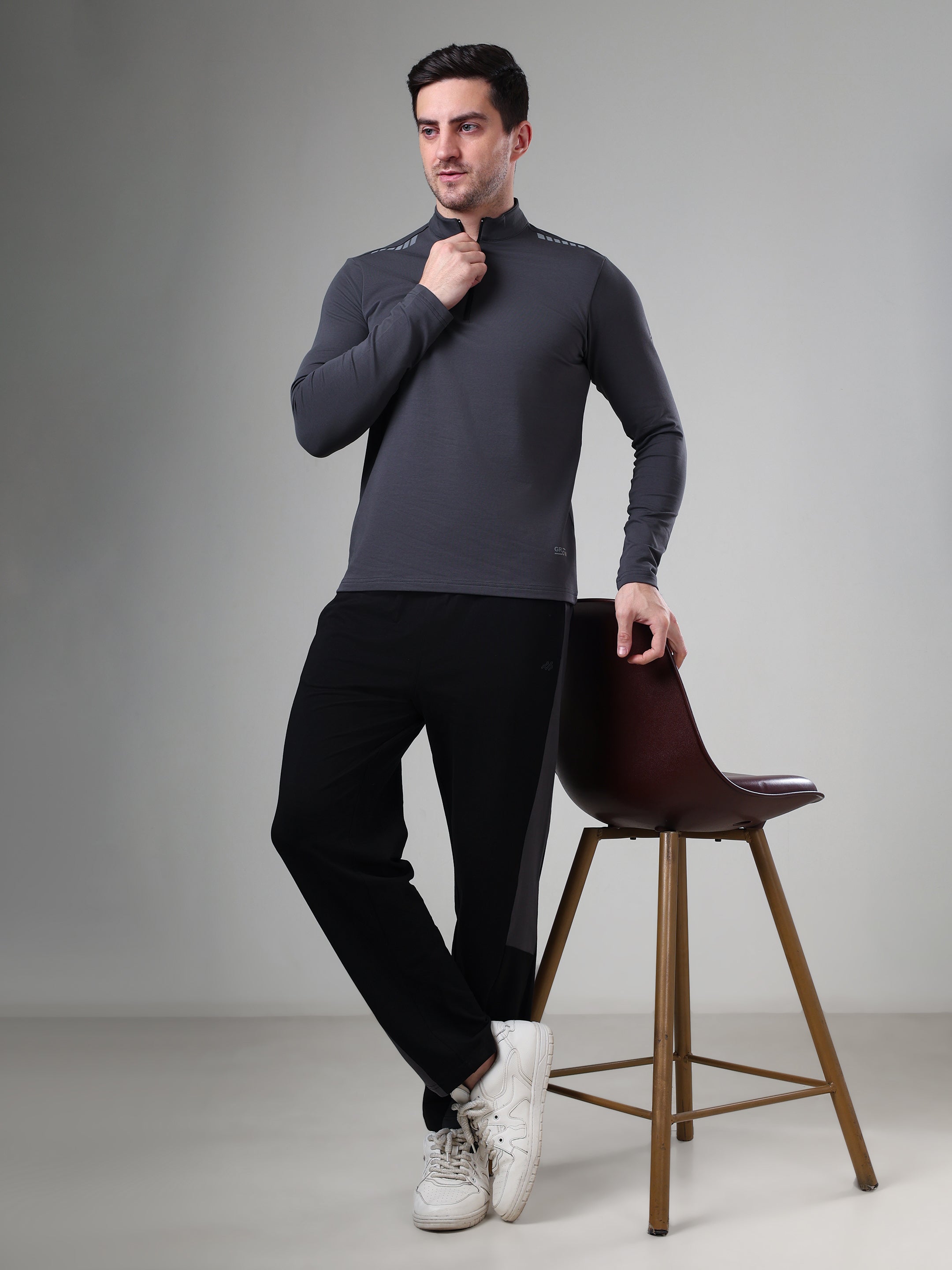 Quarter Zip Solid Full Sleeve T-Shirt (Cotton Feel) Dark Grey