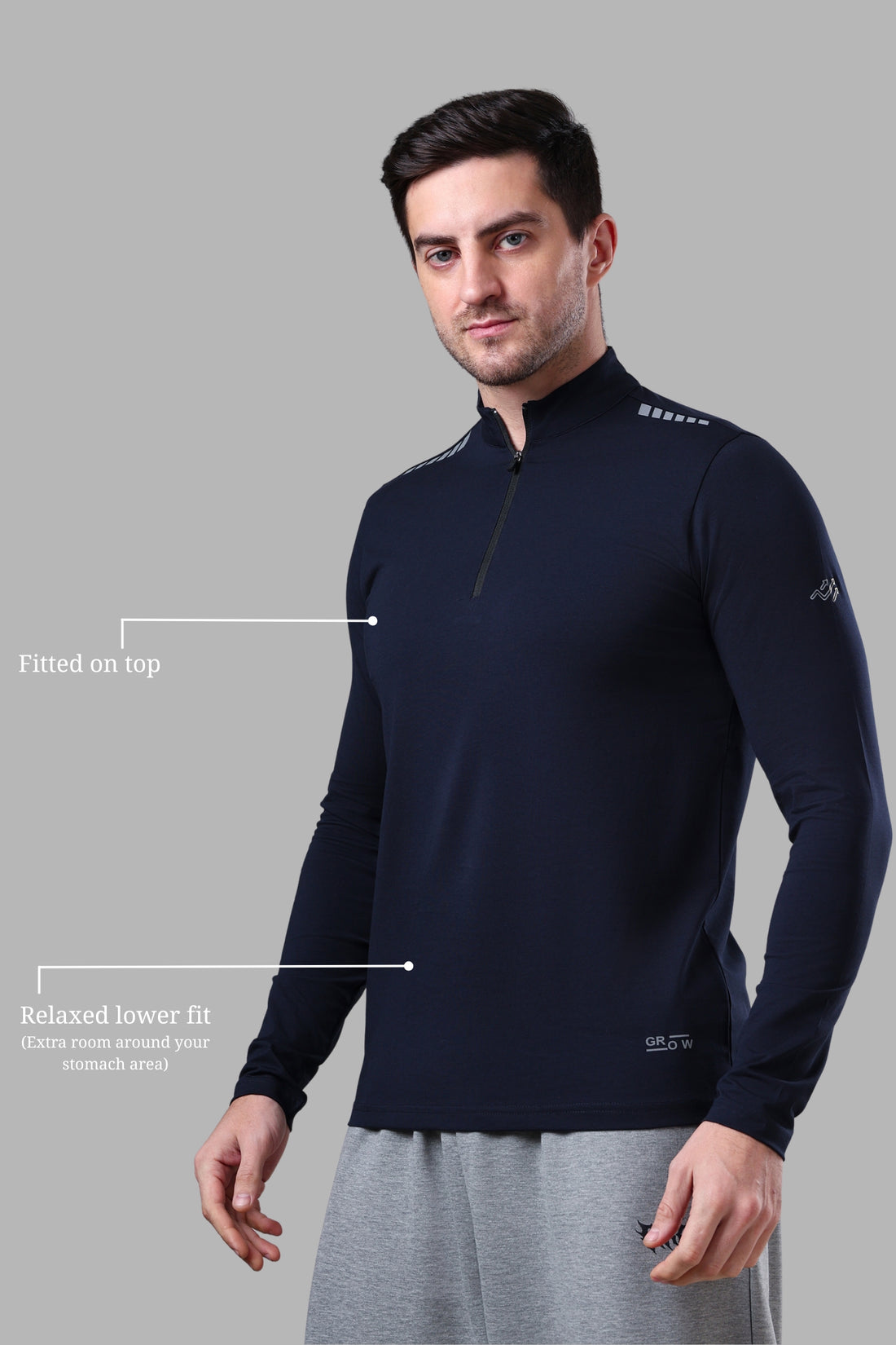 Quarter Zip Solid Full Sleeve T-Shirt (Cotton Feel) Navy