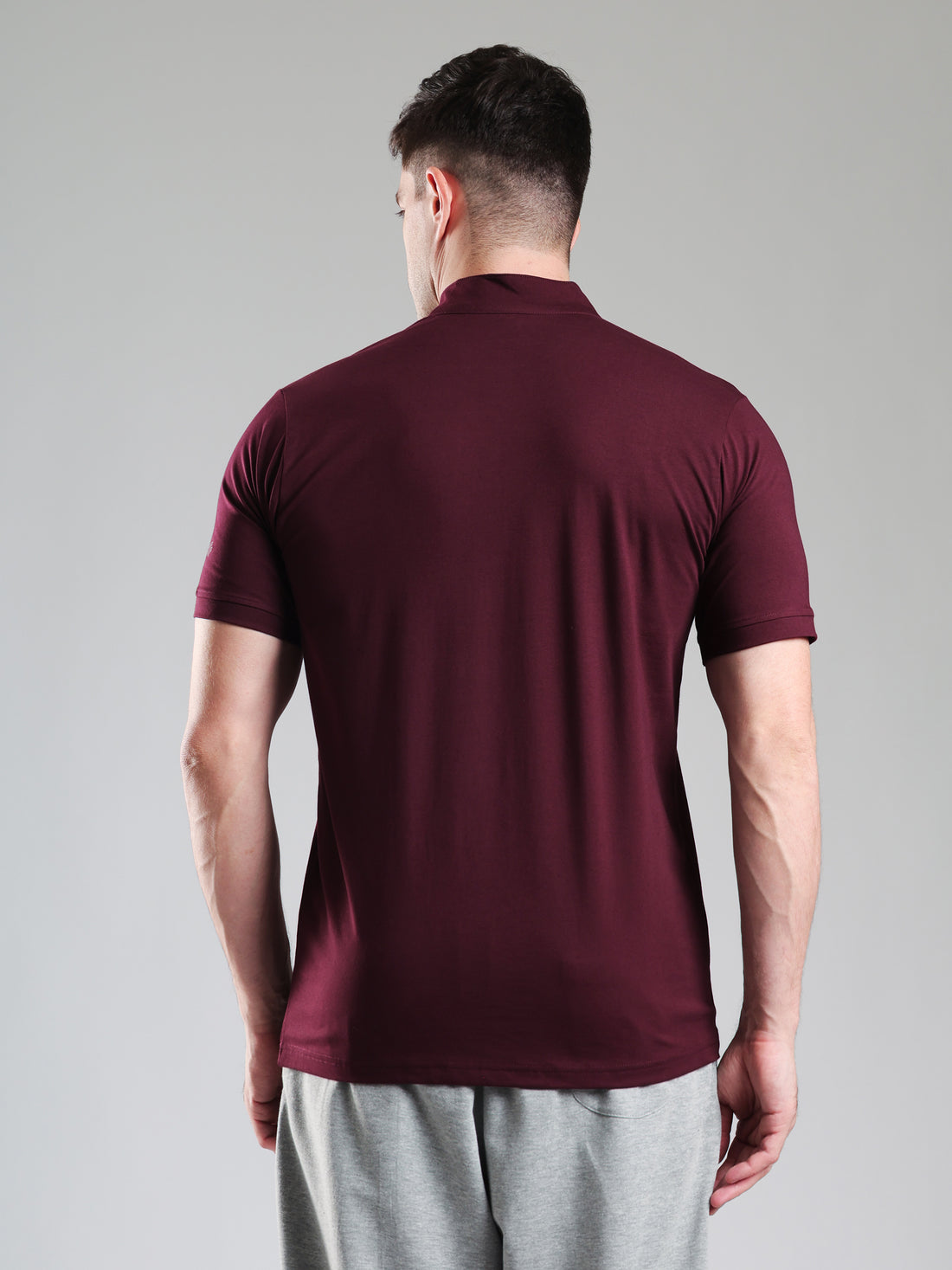 Quarter Zip Solid Half Sleeves Tshirt Wine
