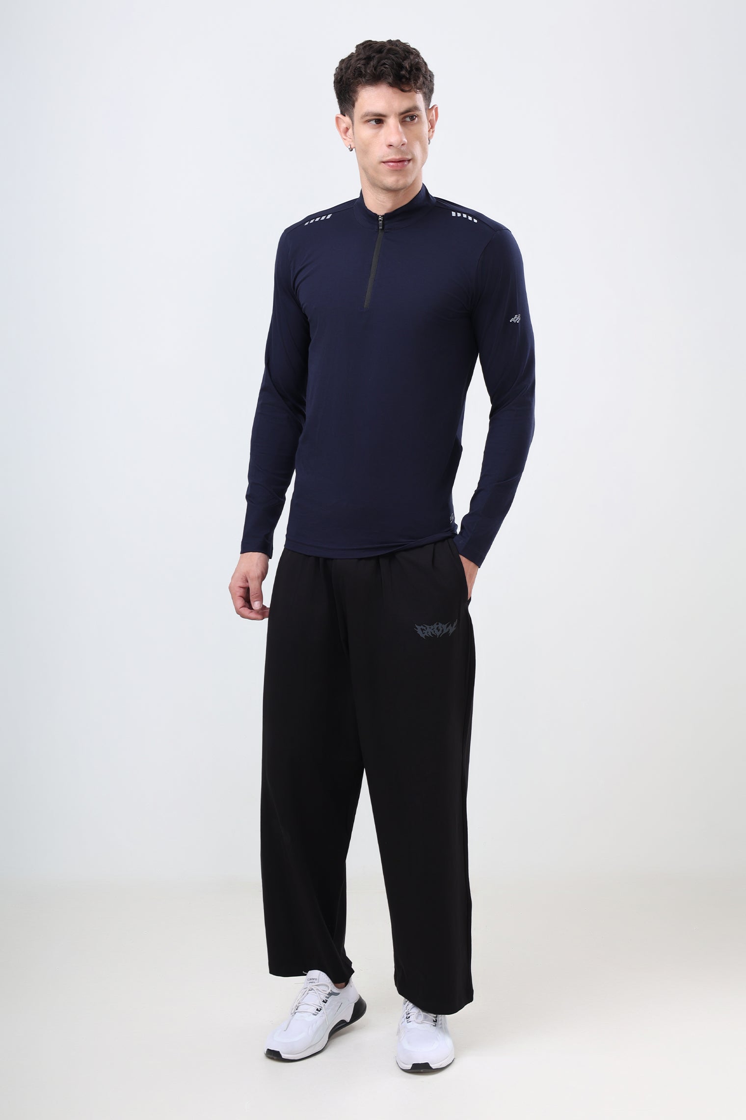 Quarter Zip Solid Full Sleeve T-Shirt (Cotton Feel) Navy