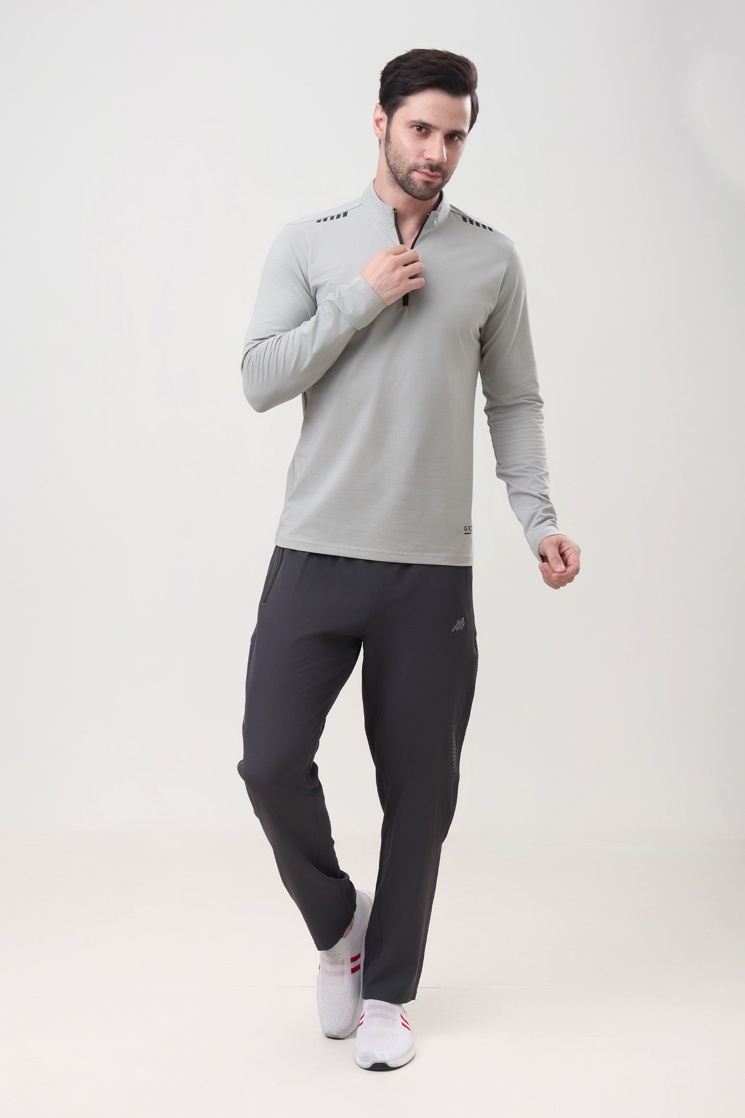 Quarter Zip Solid Full Sleeve T-Shirt (Cotton Feel) Light Grey