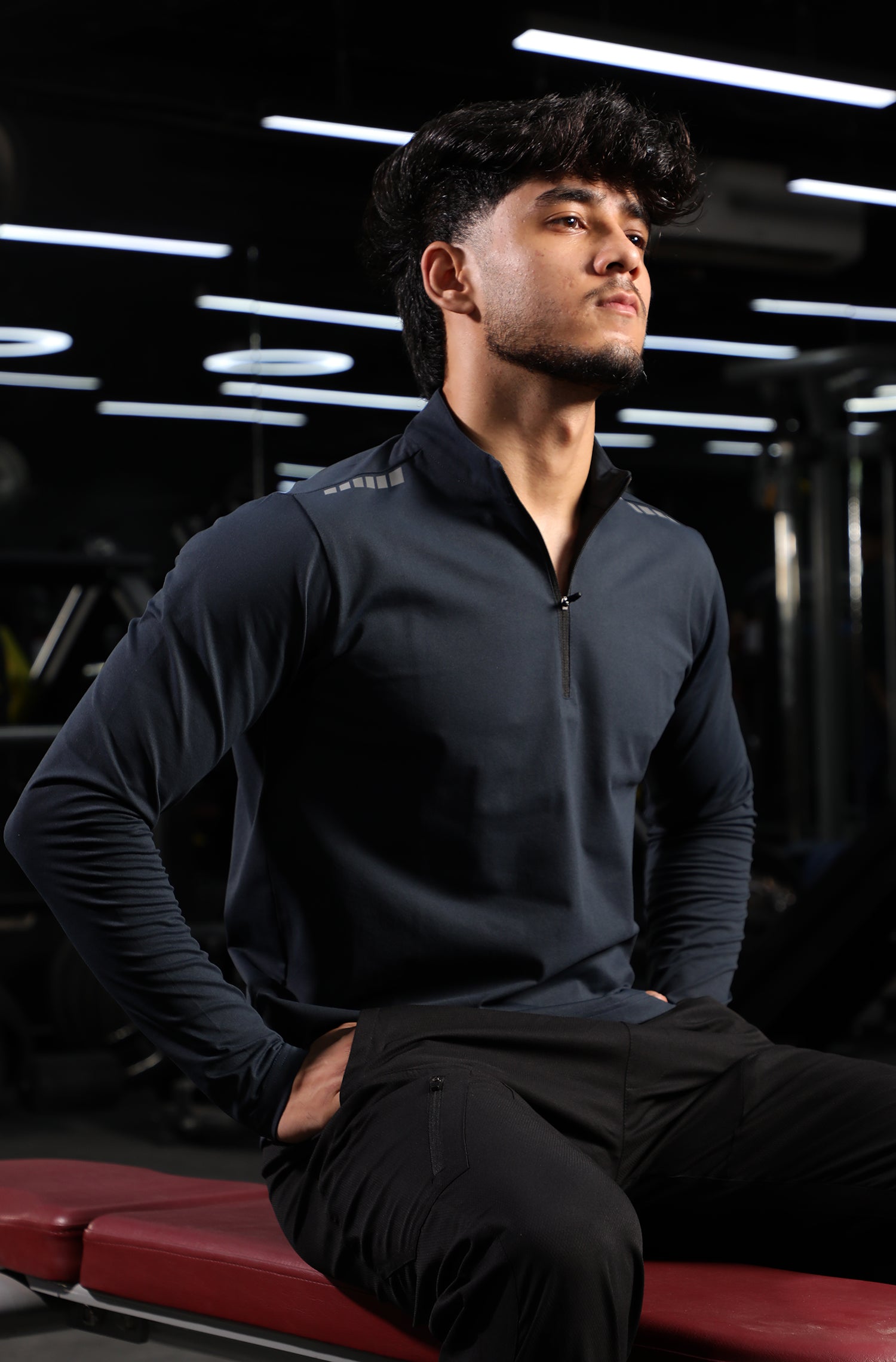 Quarter Zip Solid Full Sleeve T-Shirt (Cotton Feel) Navy