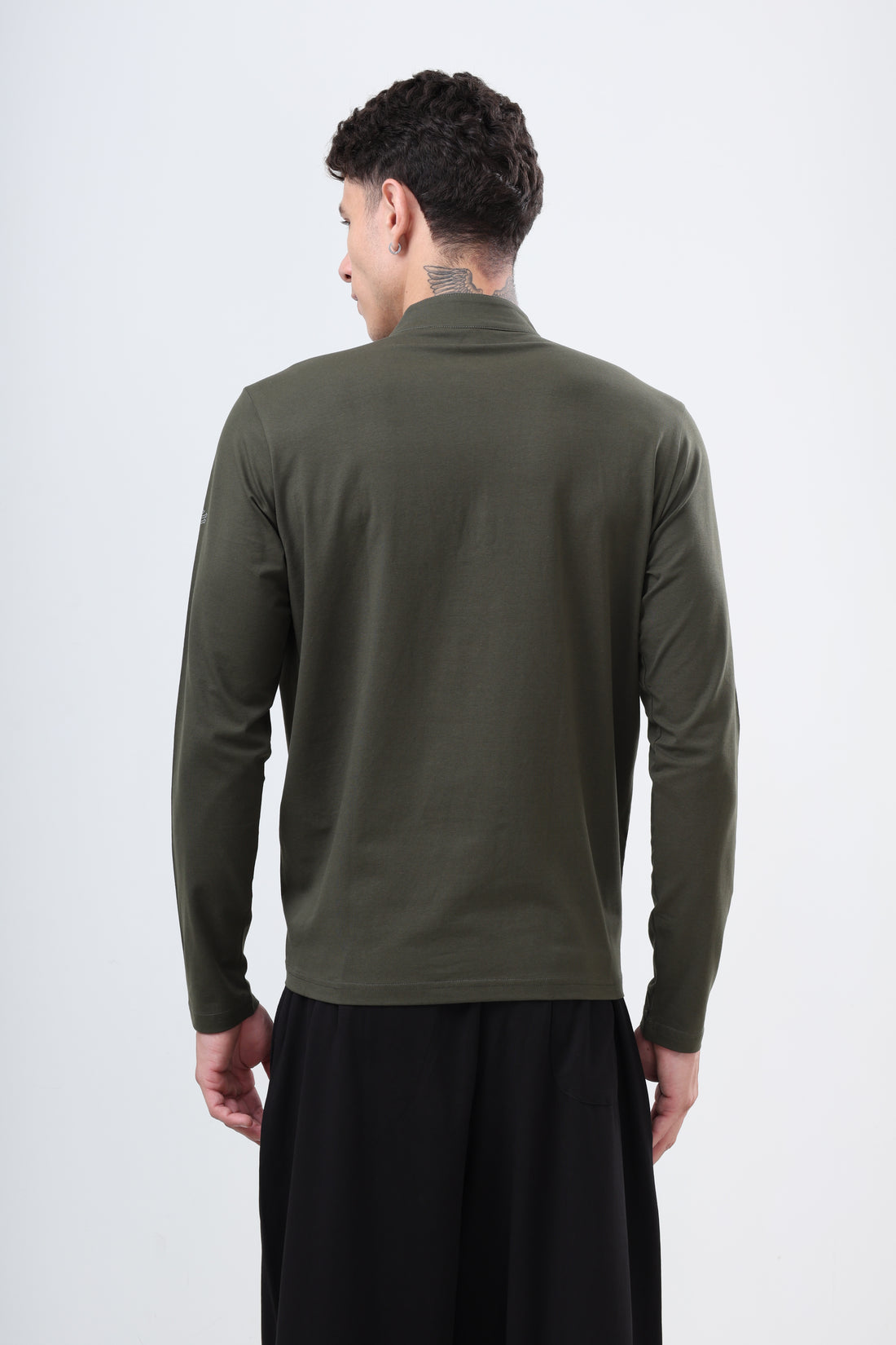 Quarter Zip Solid Full Sleeve T-Shirt (Cotton Feel) Olive