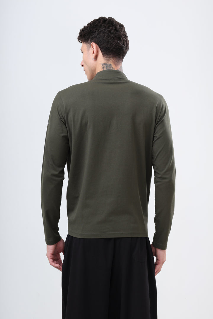 Quarter Zip Solid Full Sleeve T-Shirt (Cotton Feel) Olive