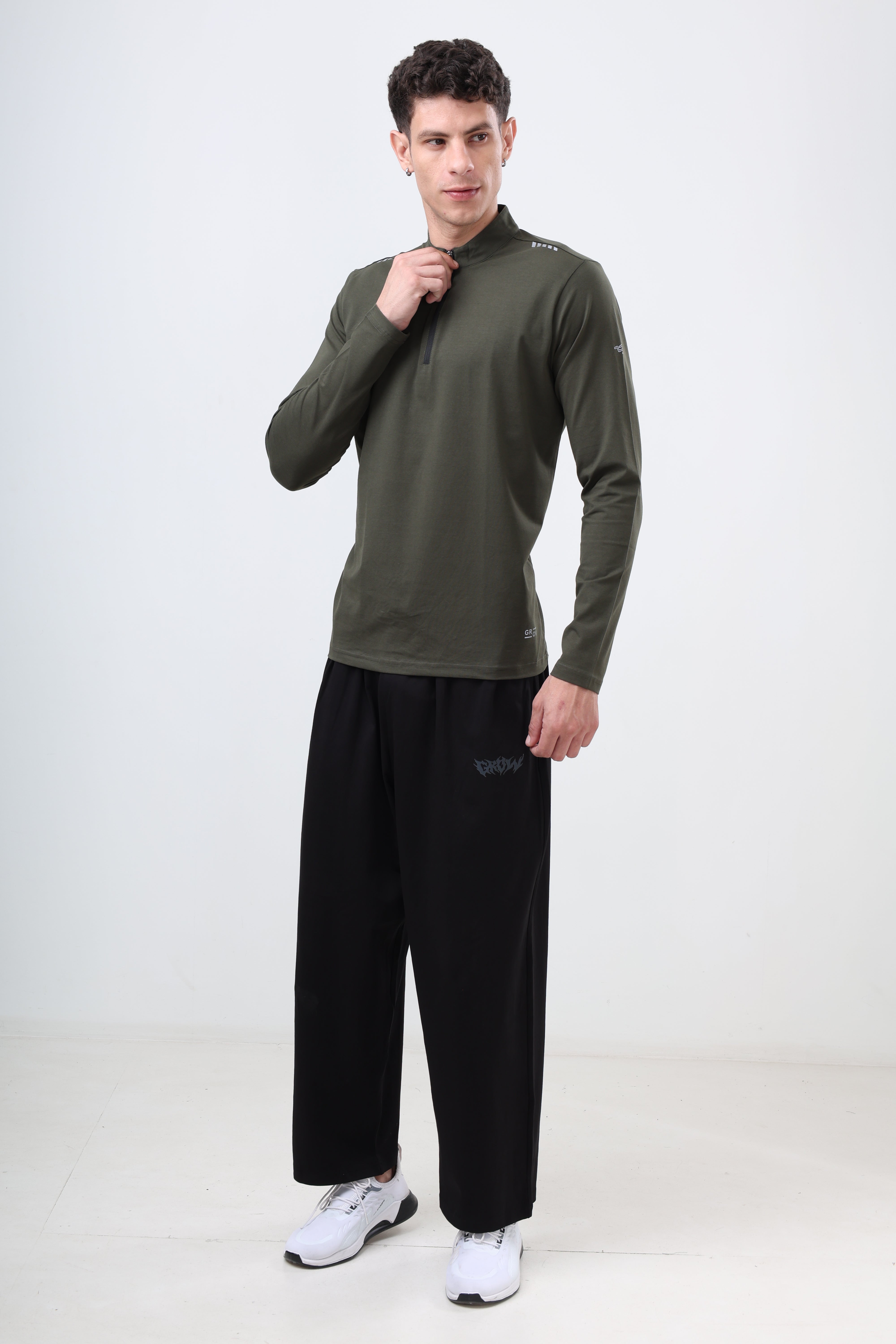Quarter Zip Solid Full Sleeve T-Shirt (Cotton Feel) Olive