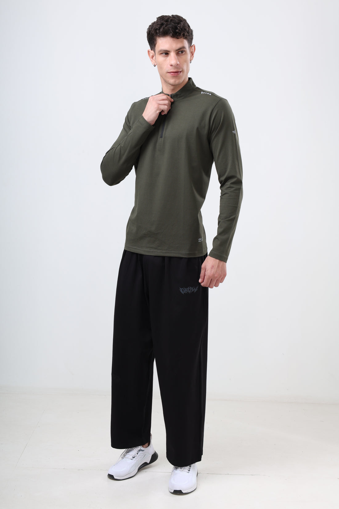 Quarter Zip Solid Full Sleeve T-Shirt (Cotton Feel) Olive