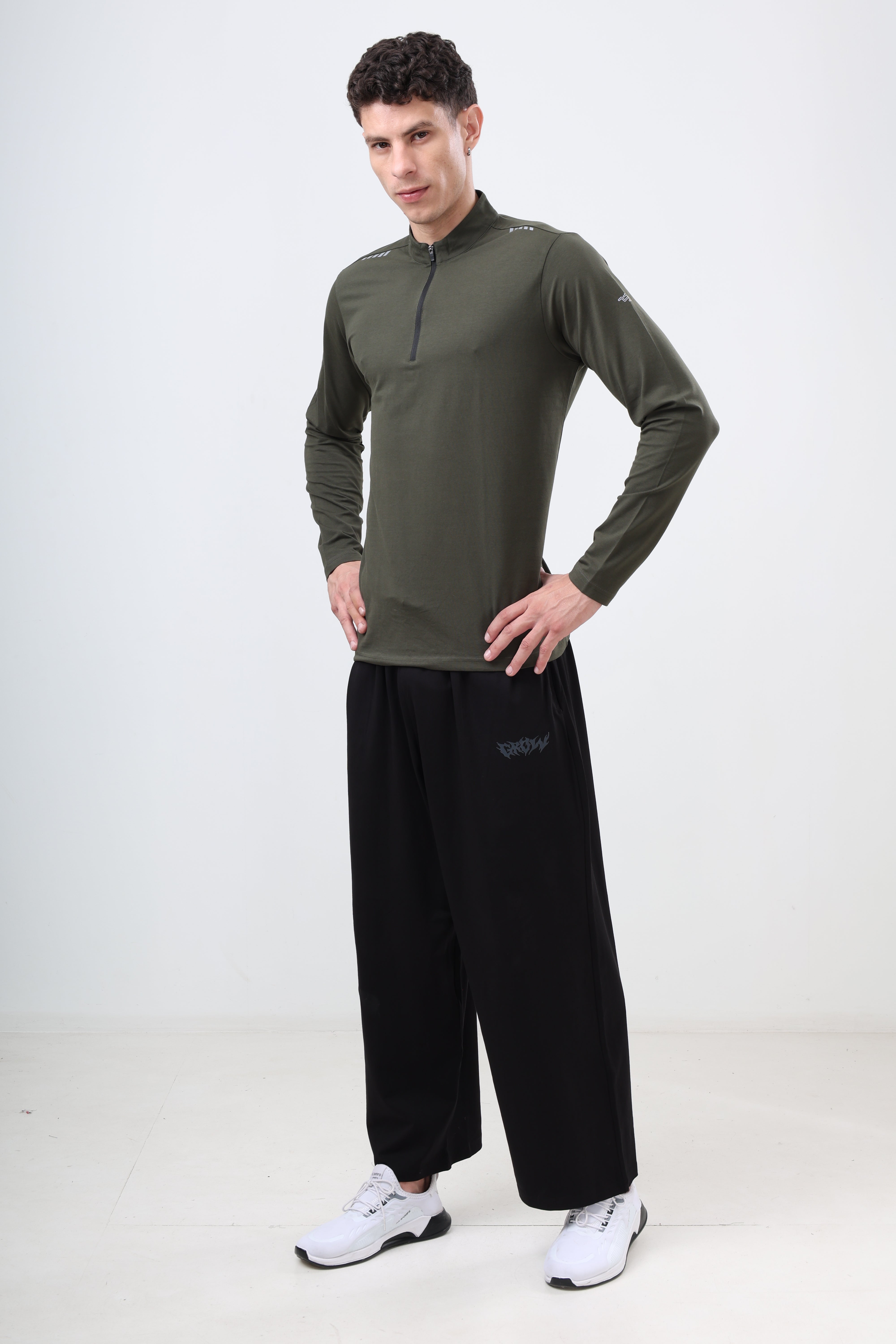 Quarter Zip Solid Full Sleeve T-Shirt (Cotton Feel) Olive