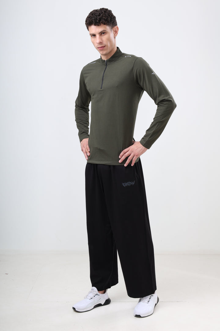 Quarter Zip Solid Full Sleeve T-Shirt (Cotton Feel) Olive