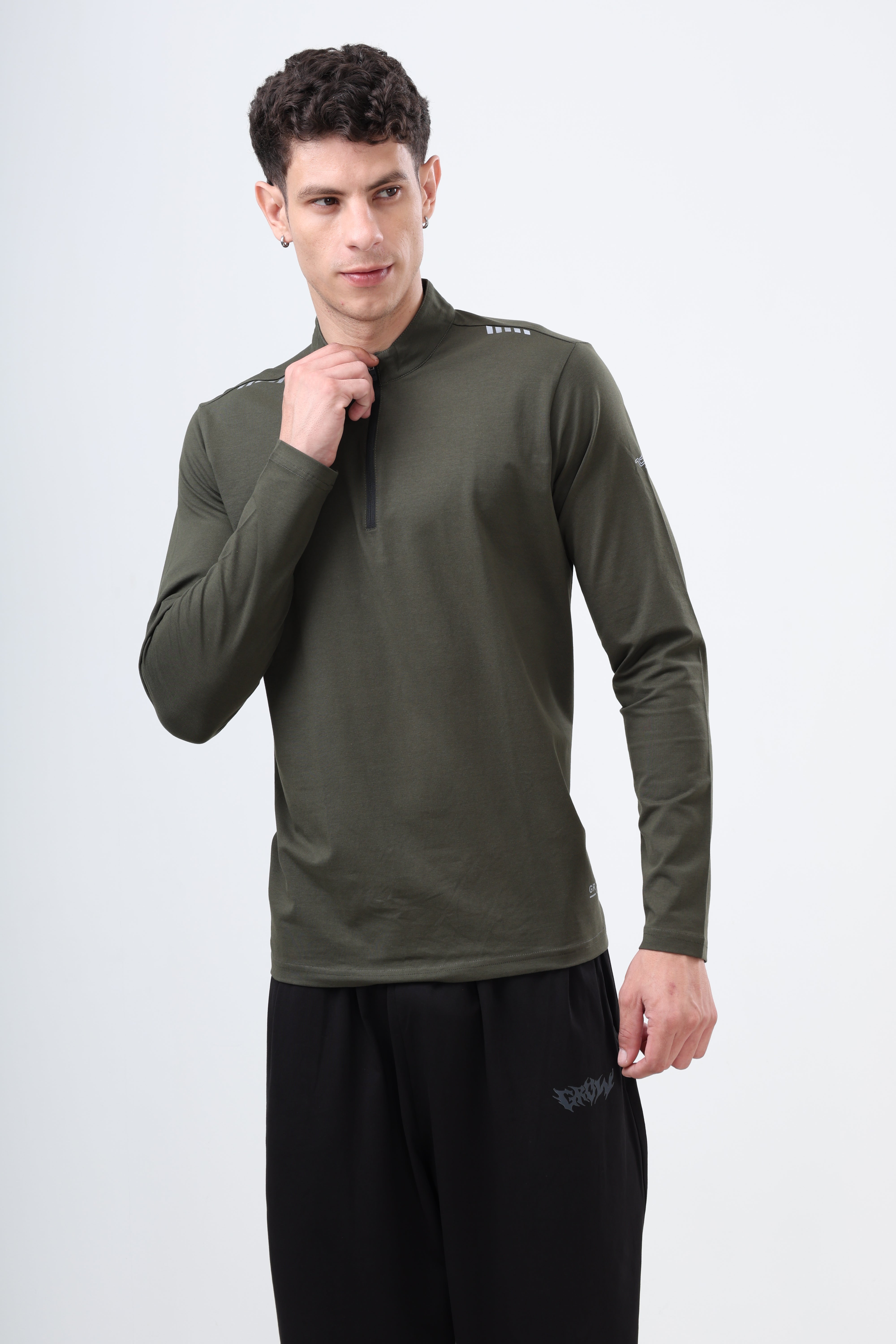 Quarter Zip Solid Full Sleeve T-Shirt (Cotton Feel) Olive