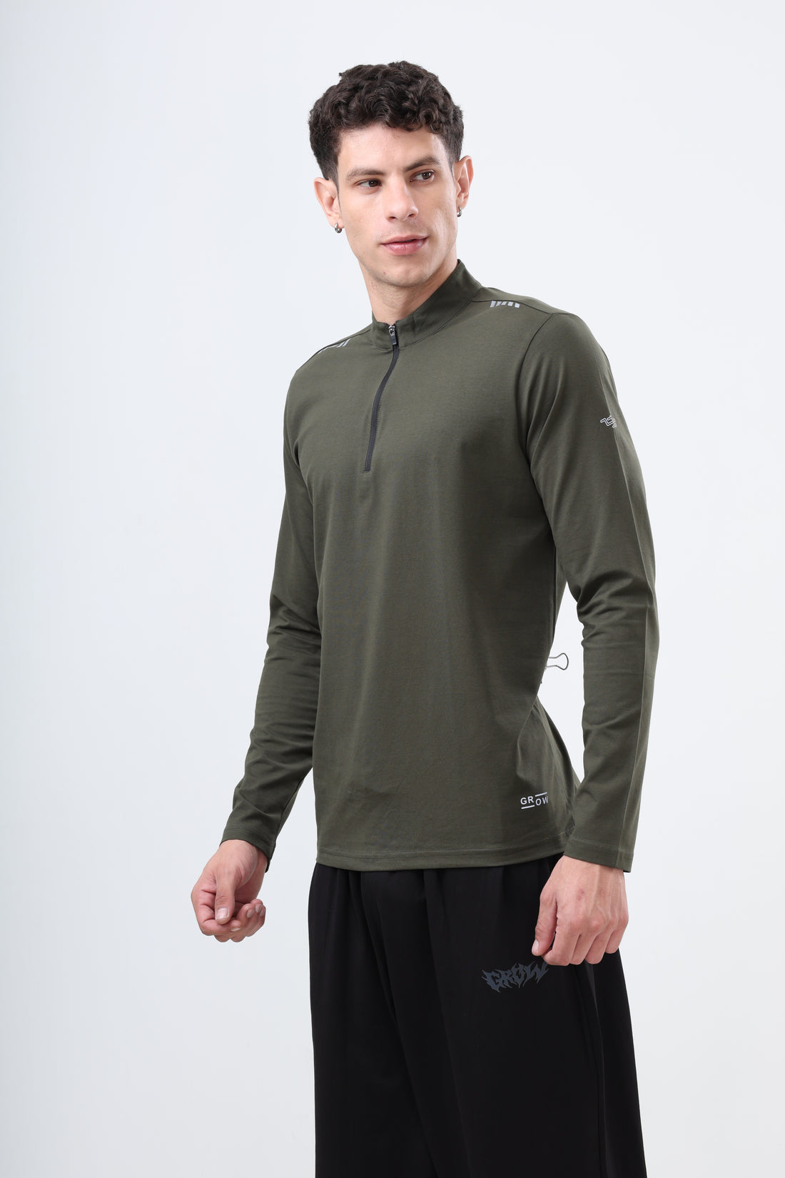 Quarter Zip Solid Full Sleeve T-Shirt (Cotton Feel) Olive
