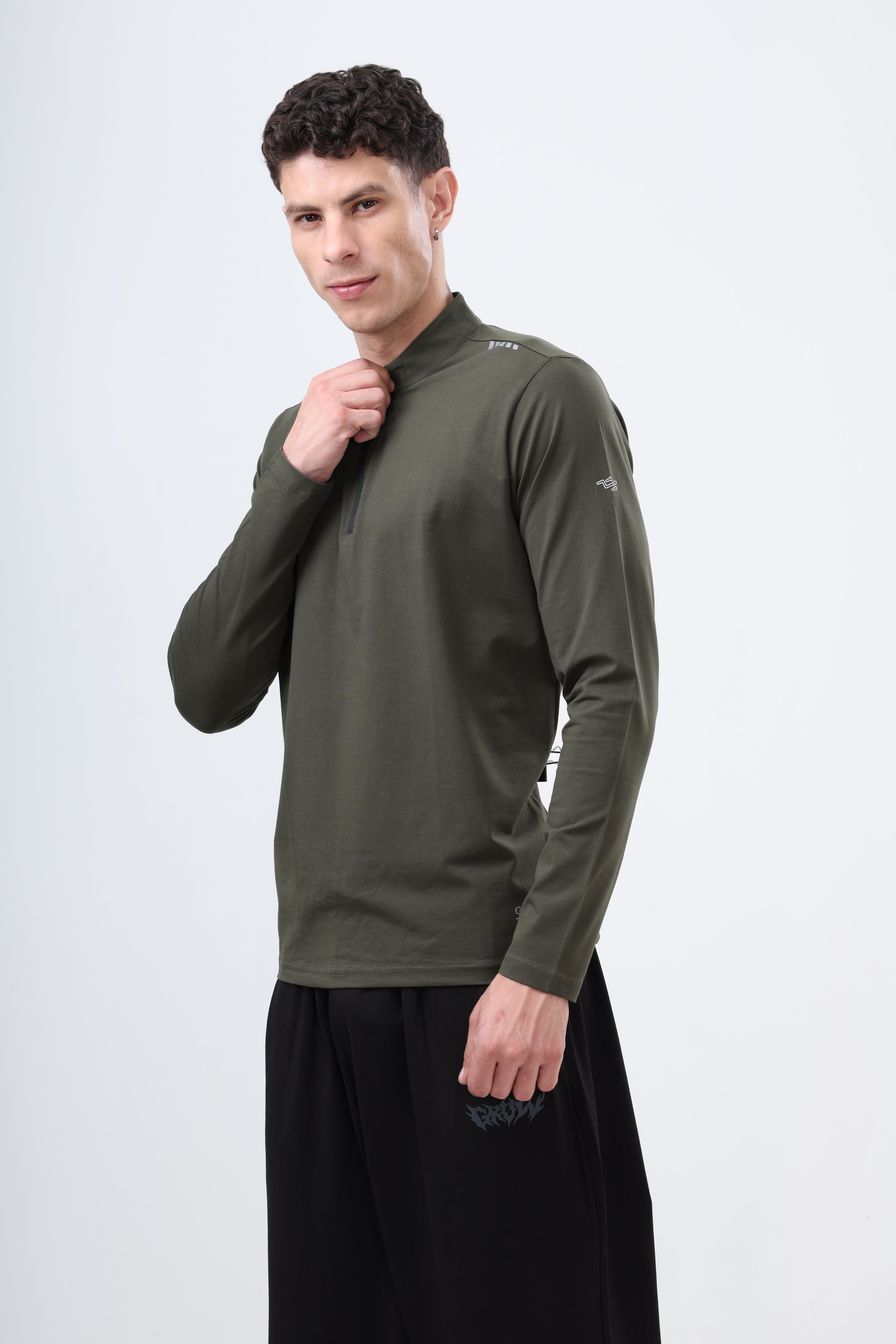 Quarter Zip Solid Full Sleeve T-Shirt (Cotton Feel) Olive