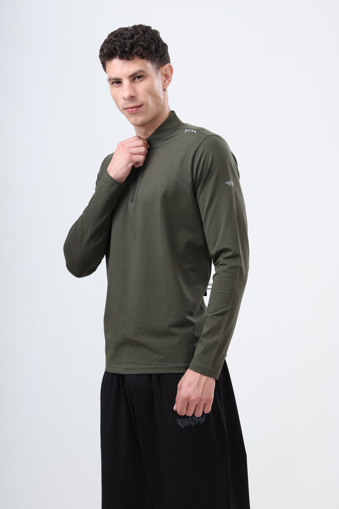 Quarter Zip Solid Full Sleeve T-Shirt (Cotton Feel) Olive