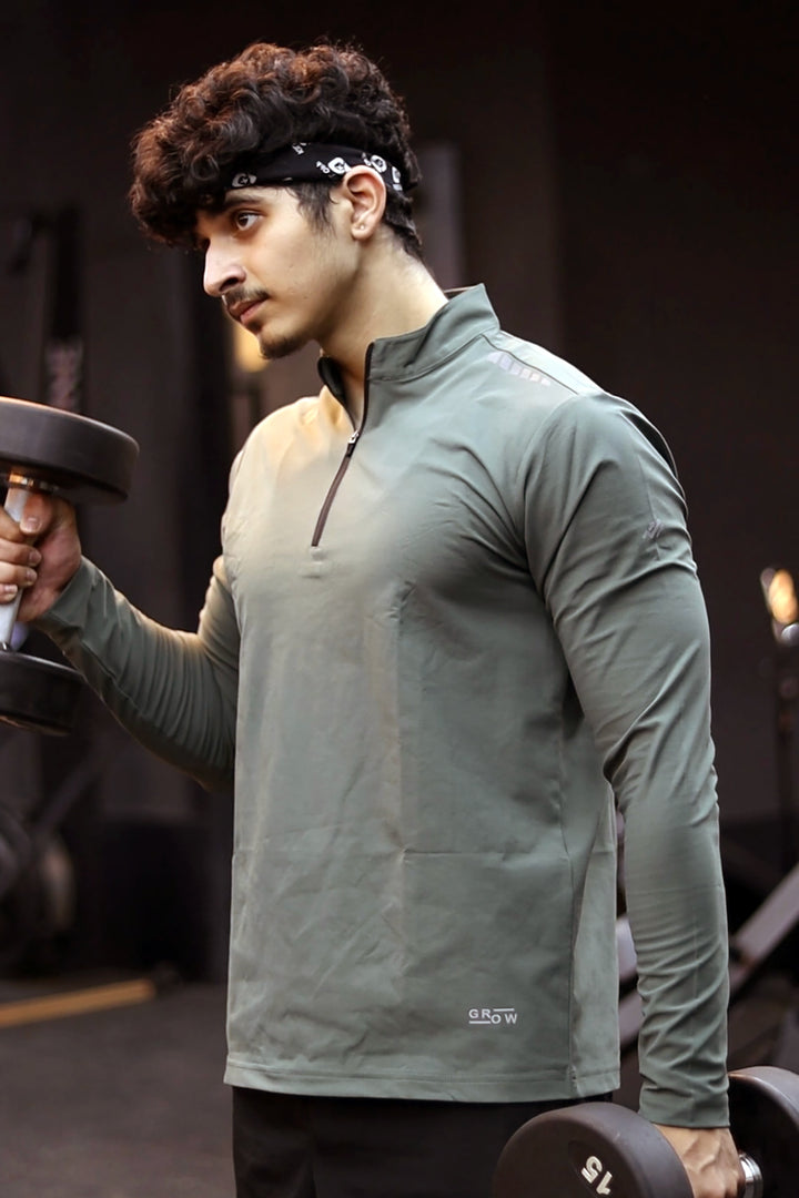 Quarter Zip Solid Full Sleeve T-Shirt (Cotton Feel) Olive