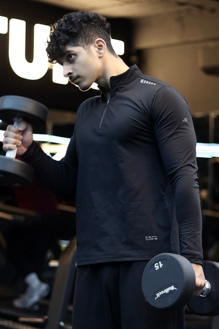 Quarter Zip Solid Full Sleeve T-Shirt (Cotton Feel) Black