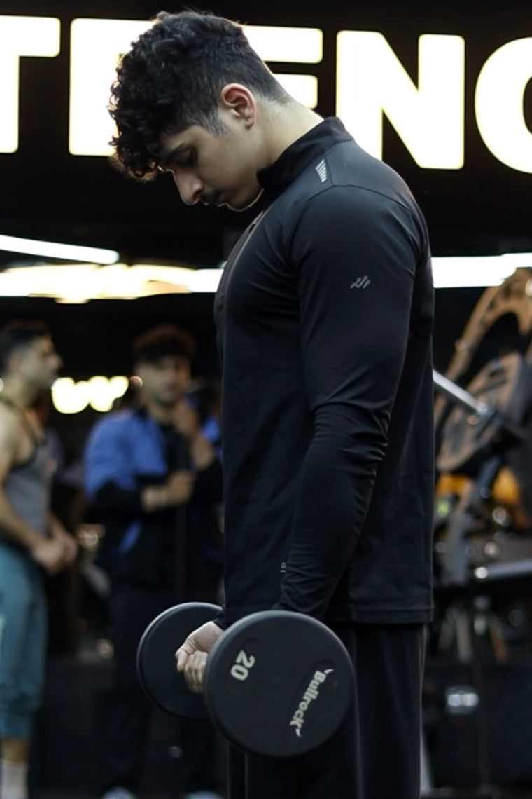 Quarter Zip Solid Full Sleeve T-Shirt (Cotton Feel) Black