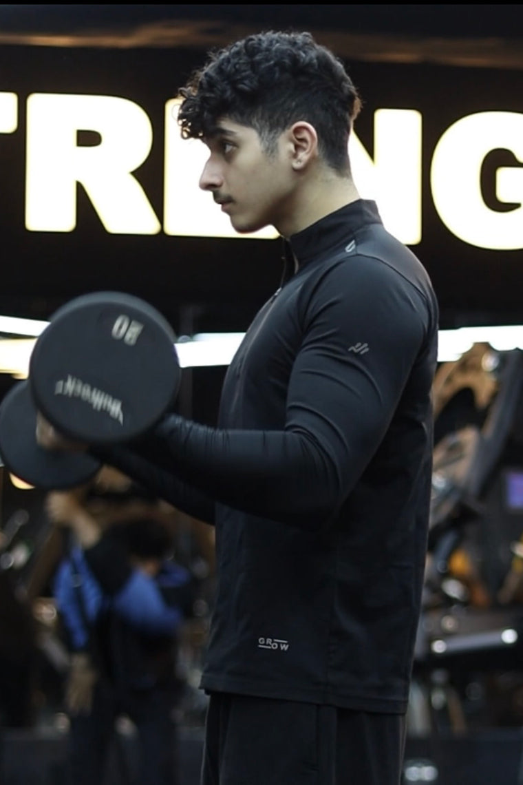 Quarter Zip Solid Full Sleeve T-Shirt (Cotton Feel) Black