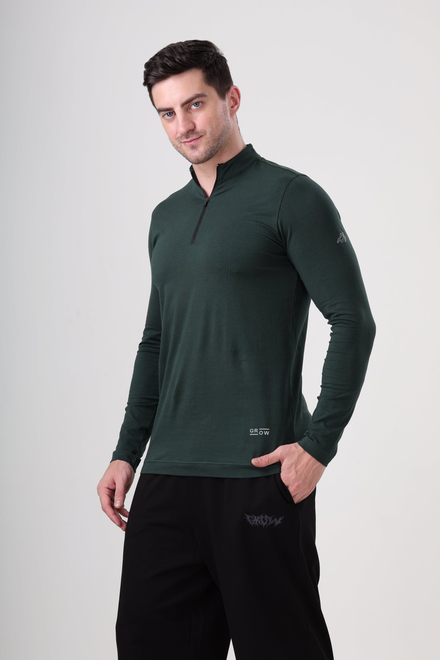 Wolf Quarter Zip T-Shirt (Cotton Feel) Bottle Green