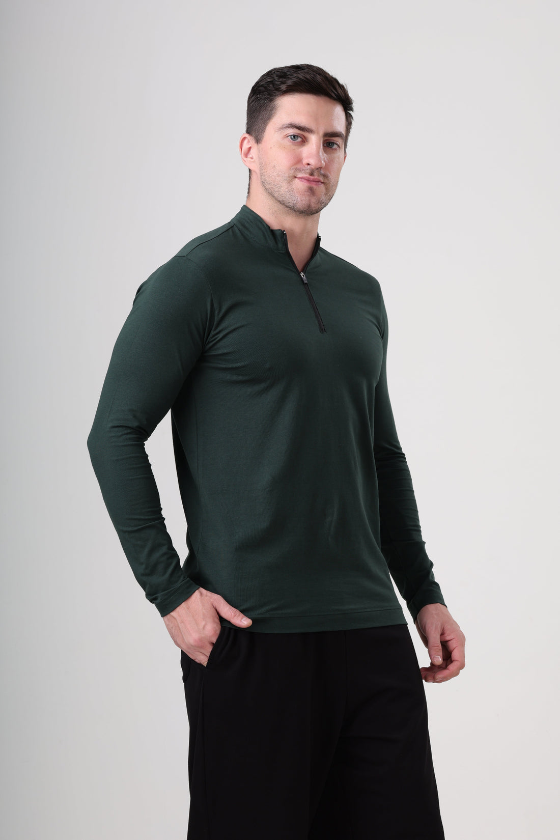 Wolf Quarter Zip T-Shirt (Cotton Feel) Bottle Green