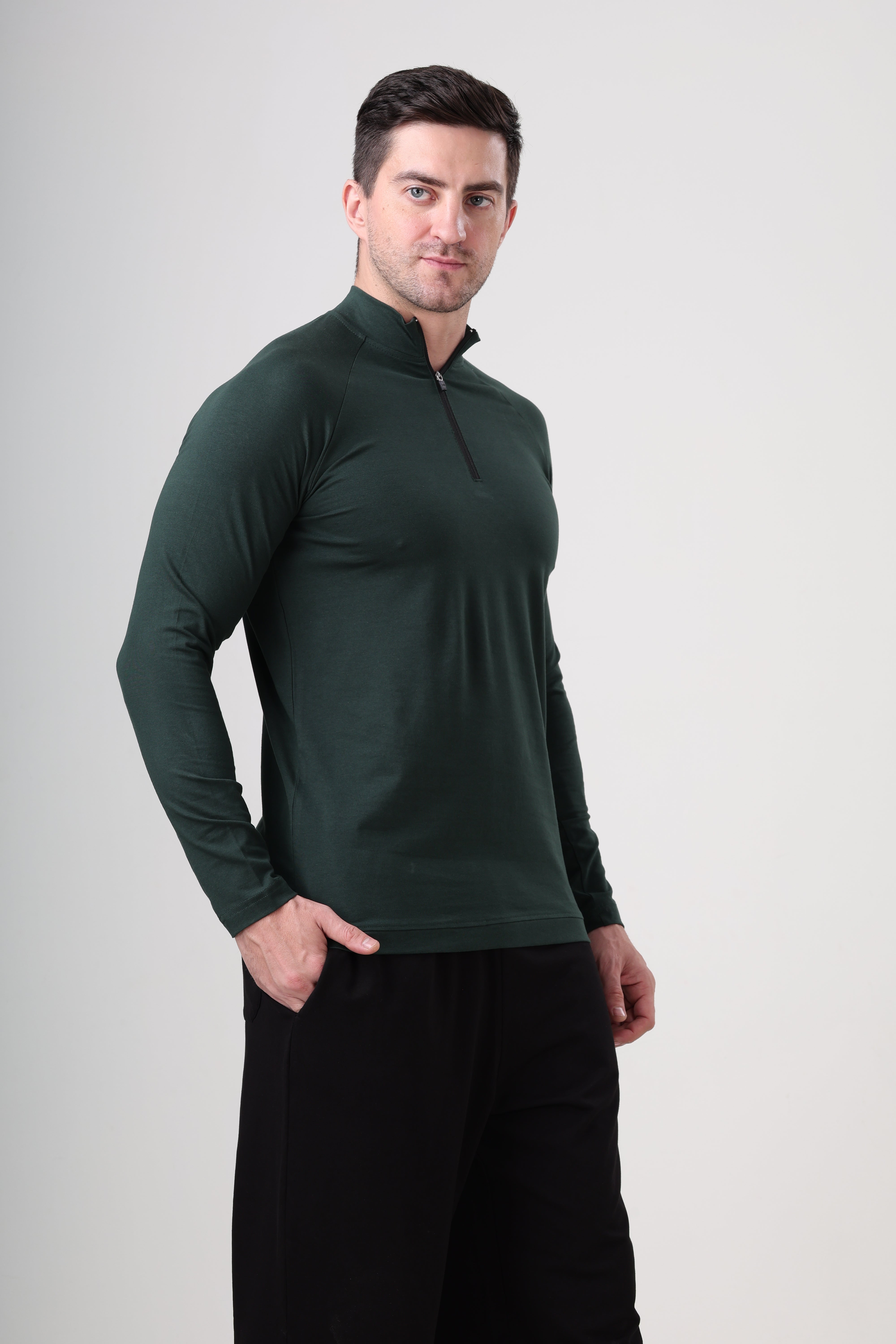 Quarter Zip T-Shirt (Cotton Feel) Bottle Green