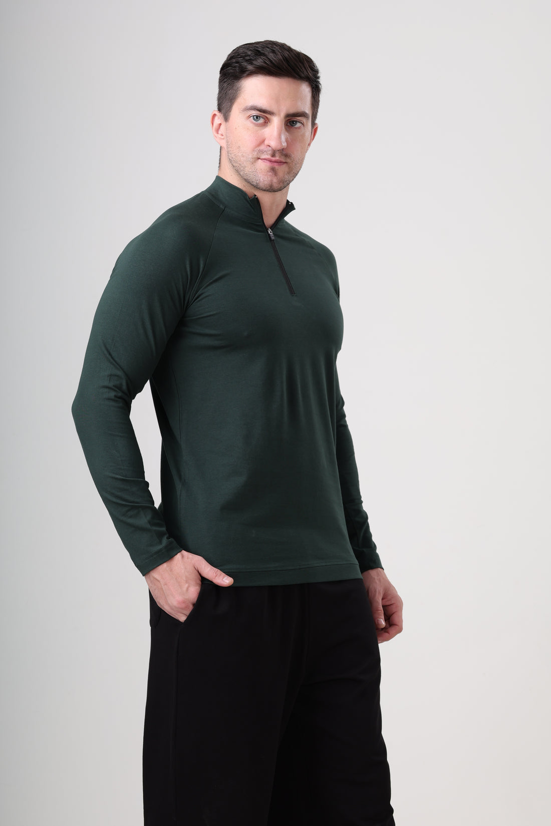 Quarter Zip T-Shirt (Cotton Feel) Bottle Green