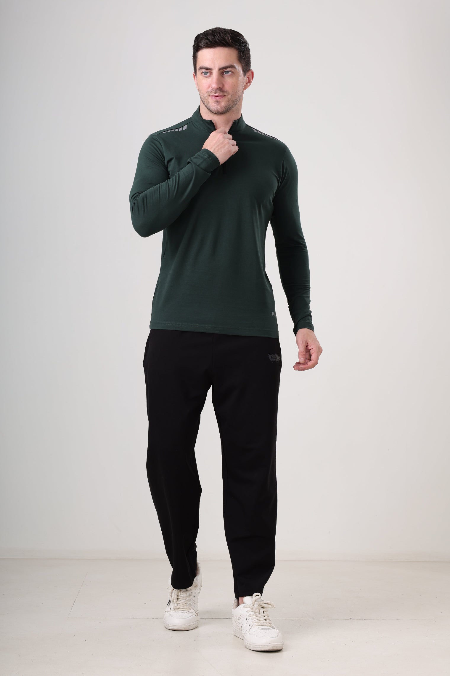 Quarter Zip Solid Full Sleeve T-Shirt (Cotton Feel) Bottle Green