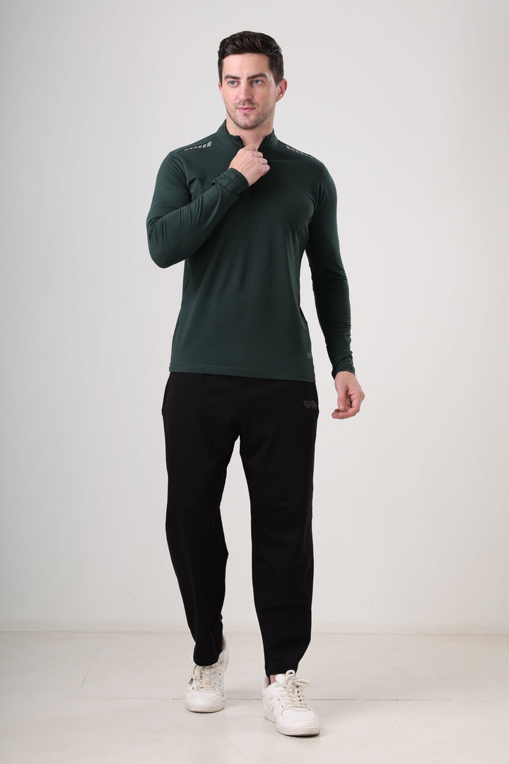 Quarter Zip Solid Full Sleeve T-Shirt (Cotton Feel) Bottle Green