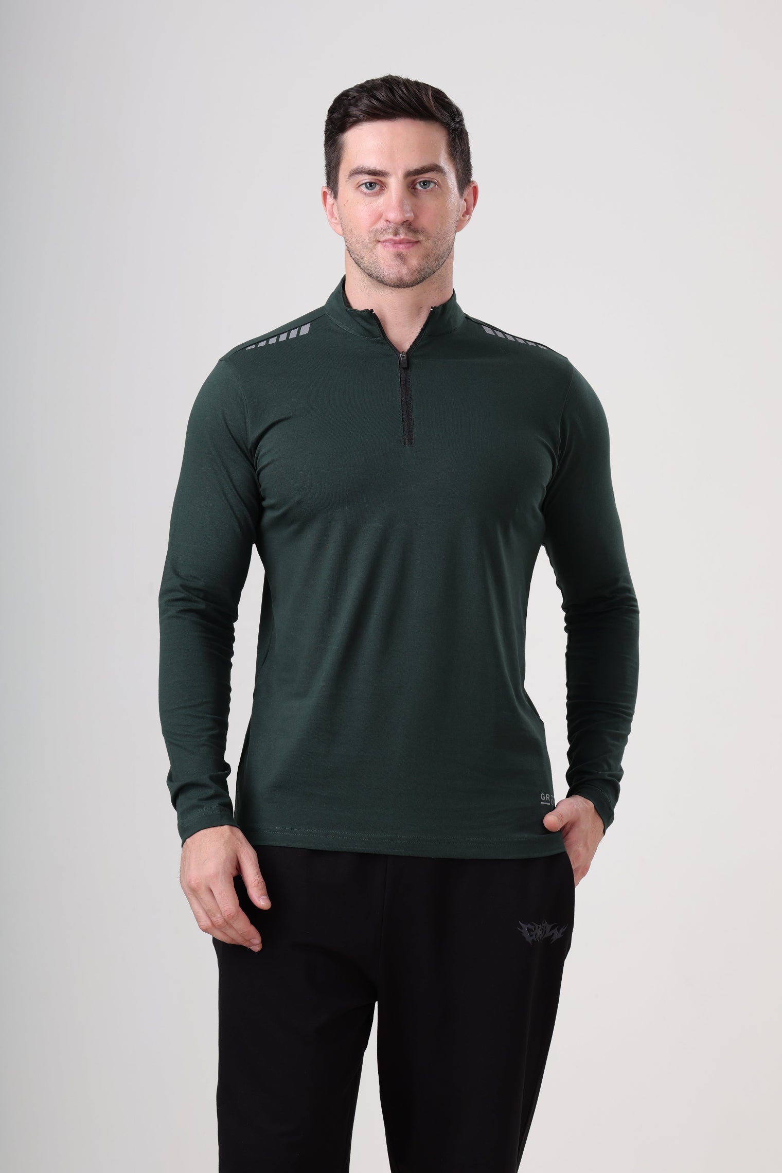 Quarter Zip Solid Full Sleeve T-Shirt (Cotton Feel) Bottle Green
