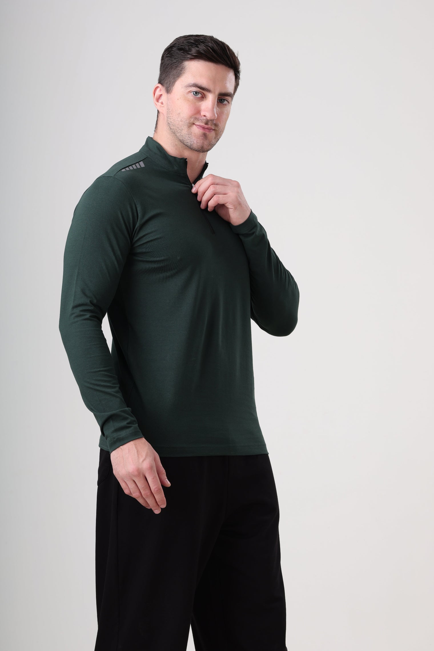 Quarter Zip Solid Full Sleeve T-Shirt (Cotton Feel) Bottle Green