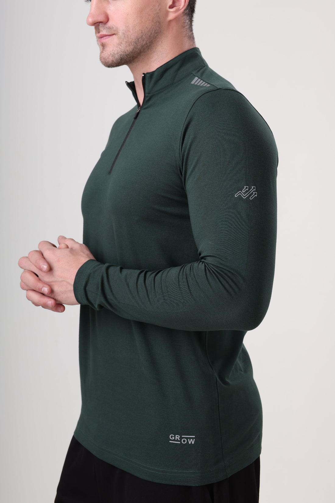 Quarter Zip Solid Full Sleeve T-Shirt (Cotton Feel) Bottle Green