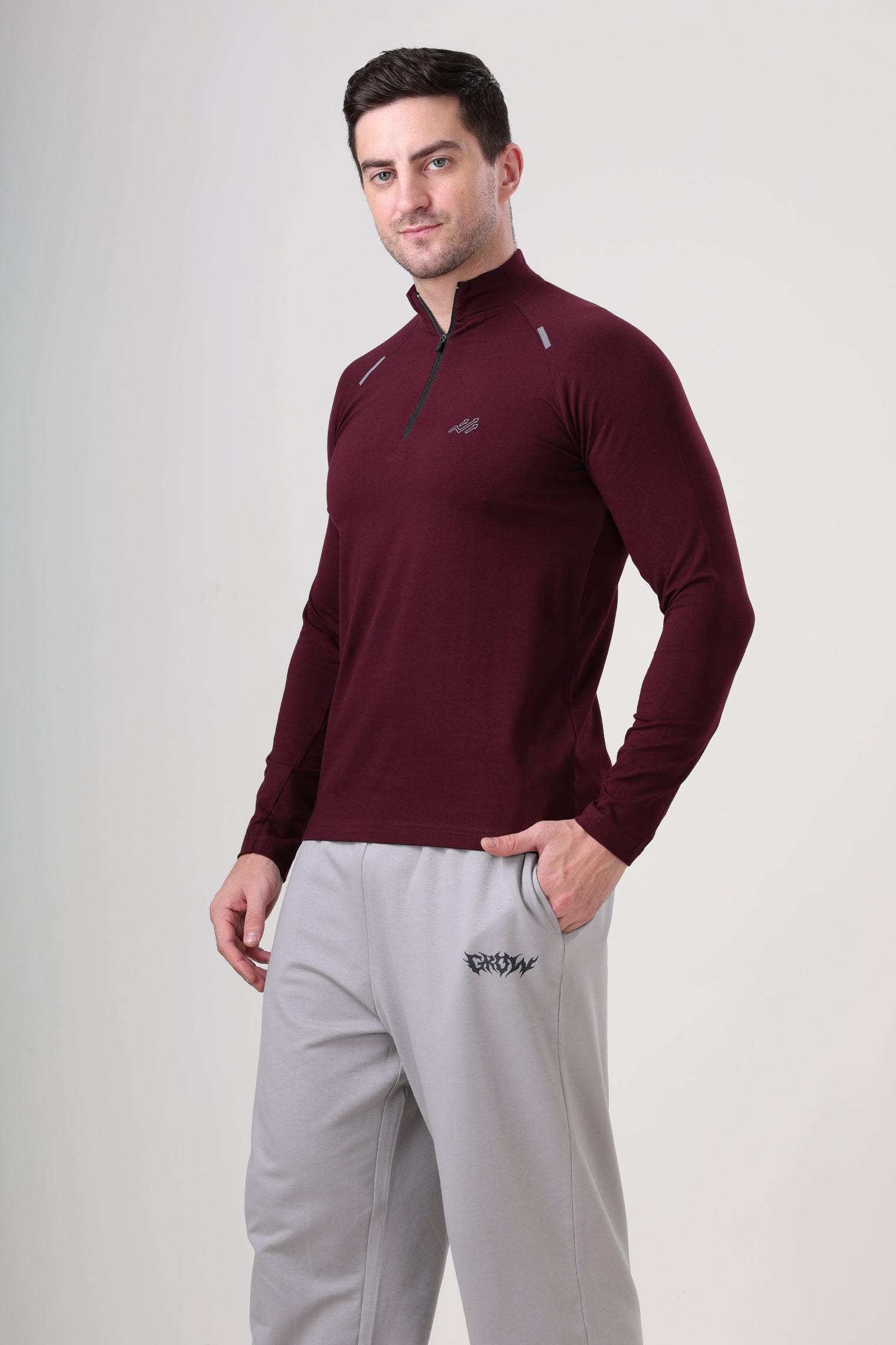 Raglan Quarter Zip T-Shirt (Cotton Feel) Wine