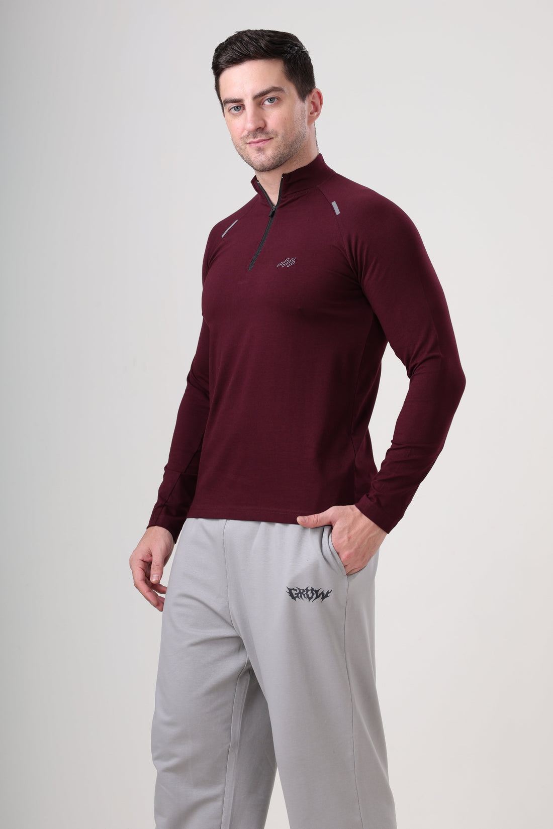 Raglan Quarter Zip T-Shirt (Cotton Feel) Wine