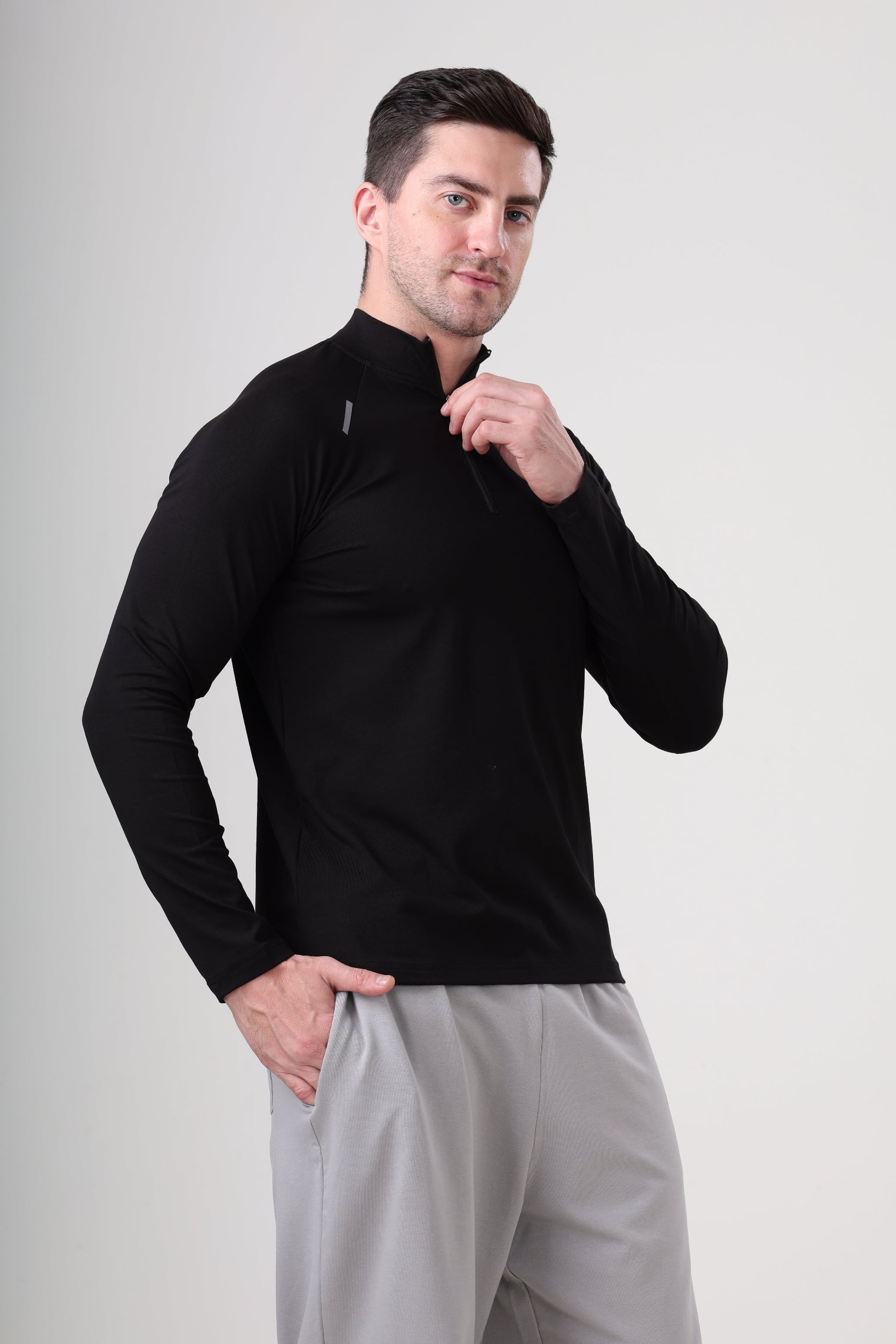 Raglan Quarter Zip T-Shirt (Cotton Feel) Black