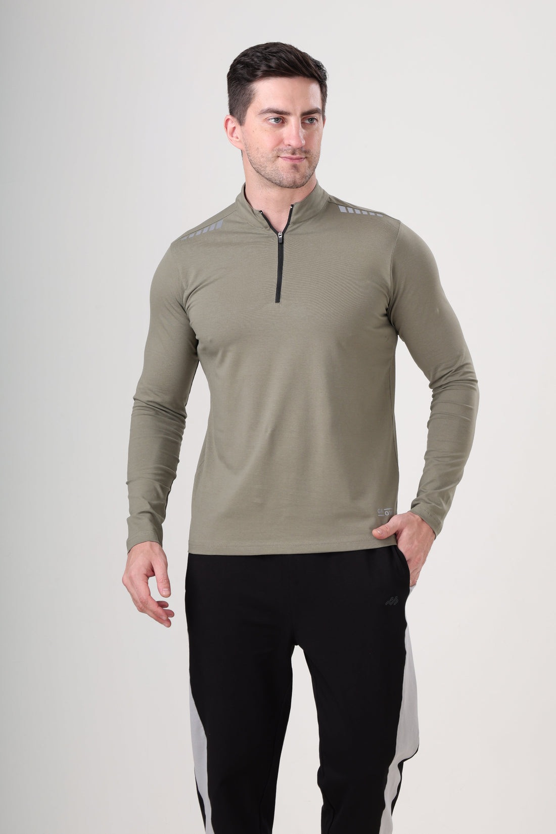 Quarter Zip Solid Full Sleeve T-Shirt (Cotton Feel) Mid Grey
