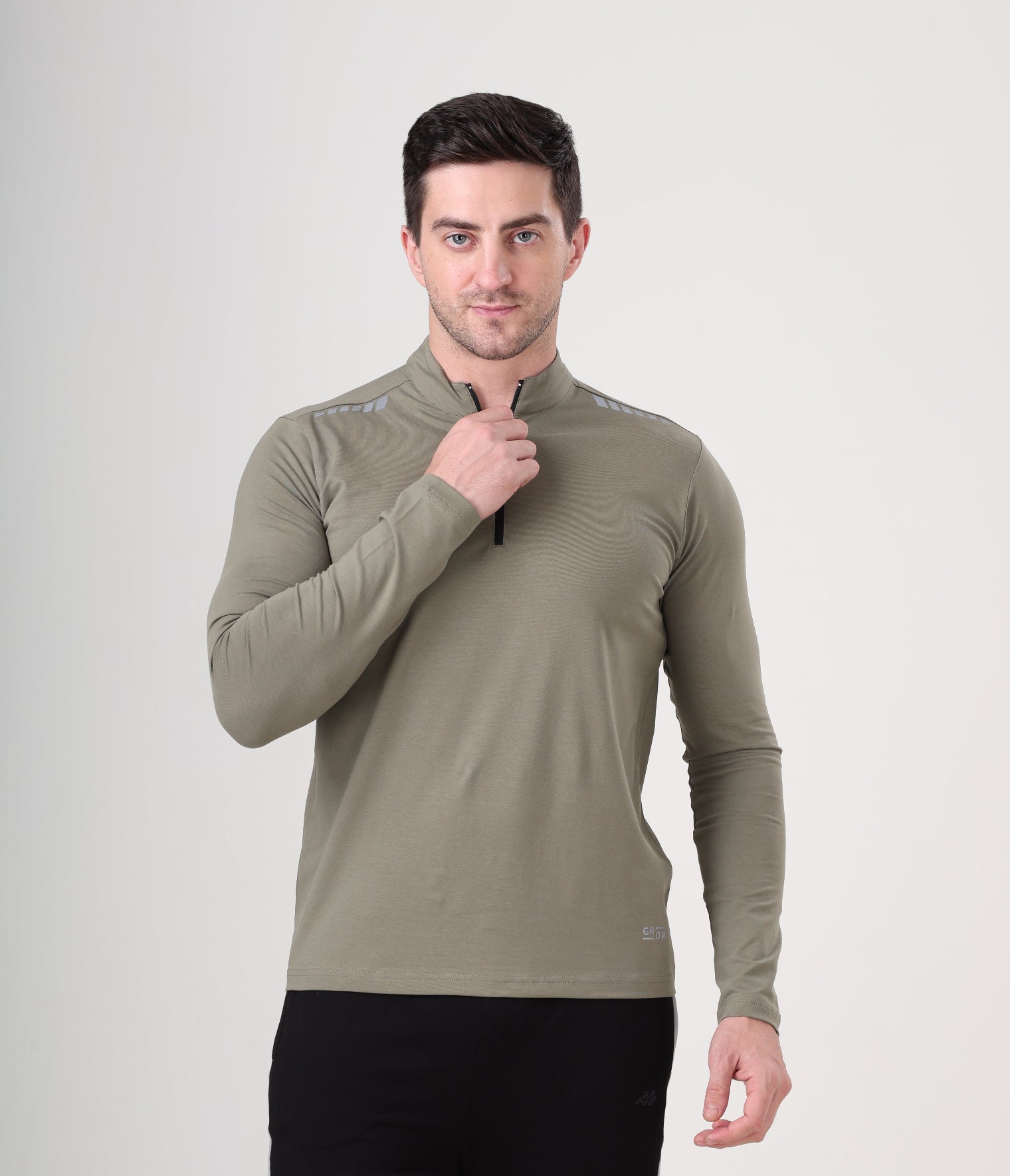 Quarter Zip Solid Full Sleeve T-Shirt (Cotton Feel) Mid Grey