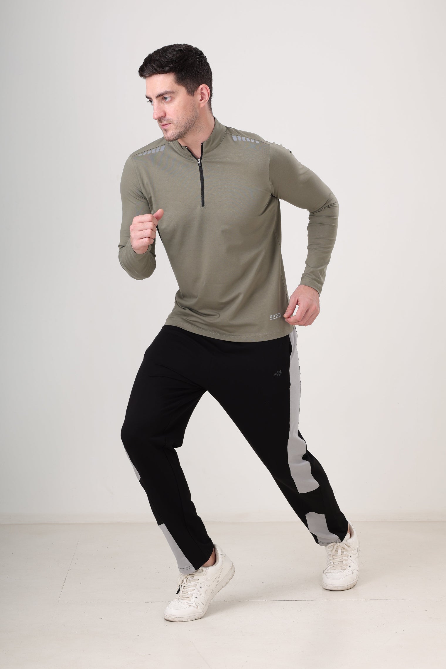 Quarter Zip Solid Full Sleeve T-Shirt (Cotton Feel) Mid Grey