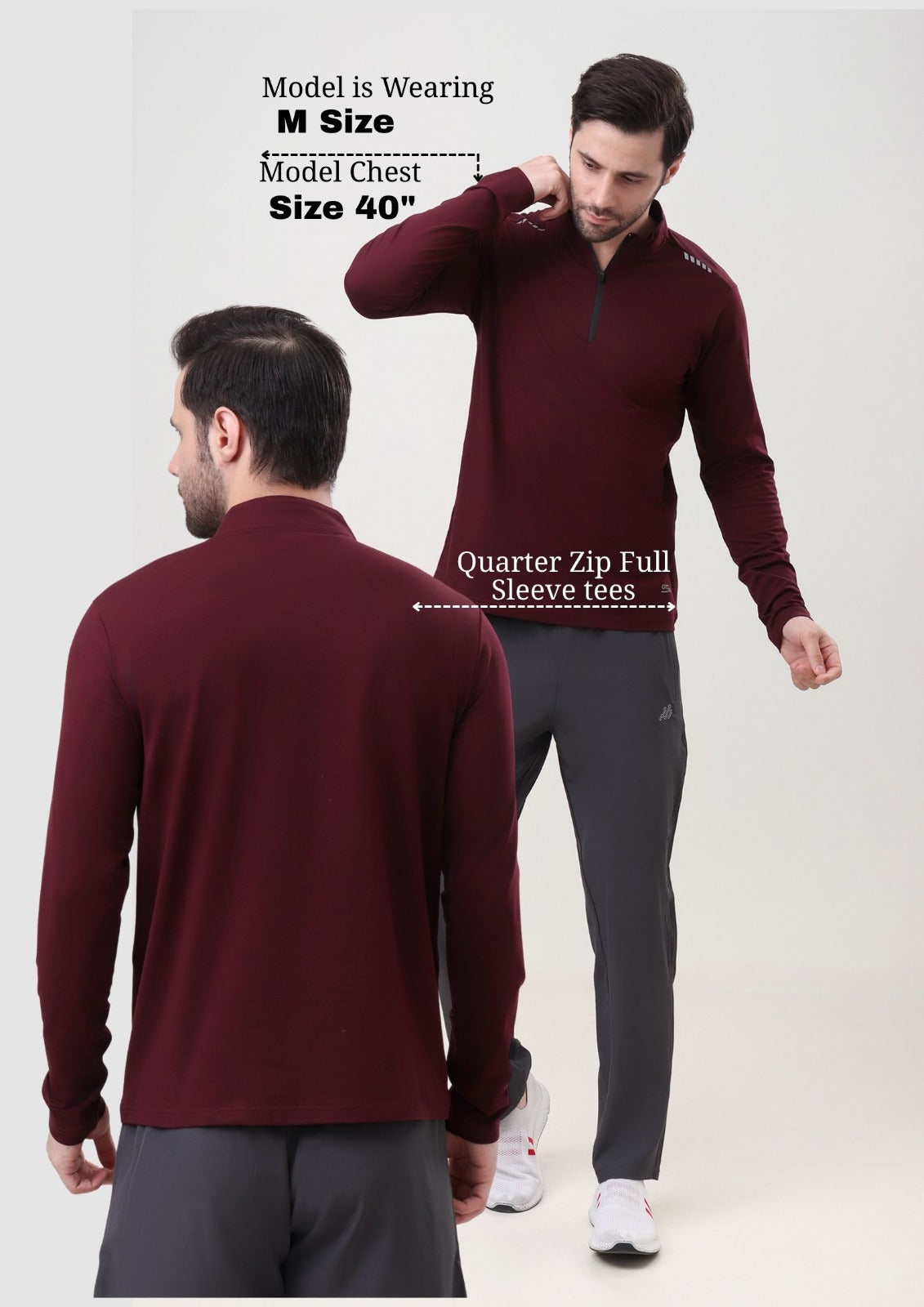 Quarter Zip Solid Full Sleeve T-Shirt (Cotton Feel) Wine