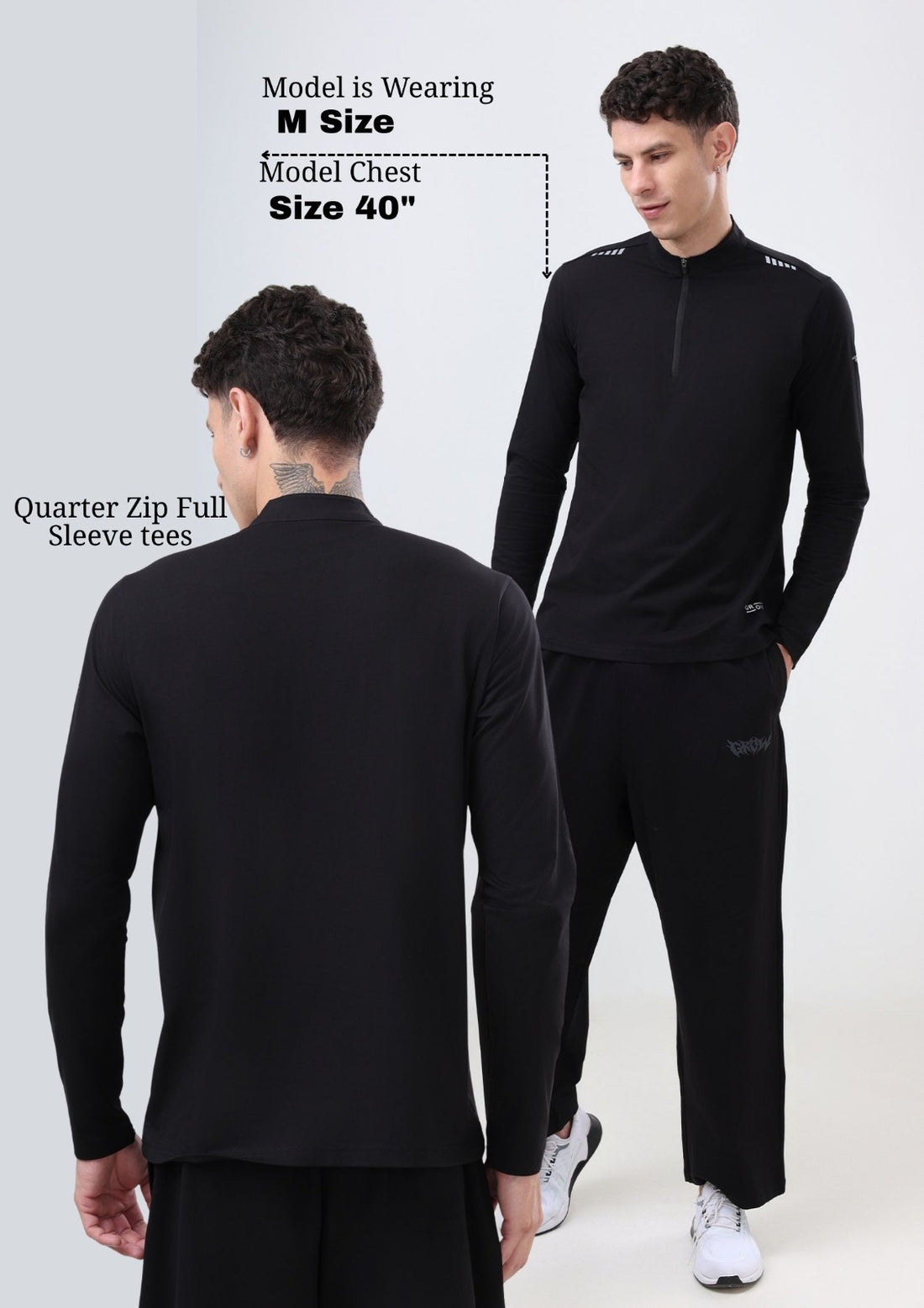 Quarter Zip Solid Full Sleeve T-Shirt (Cotton Feel) Black