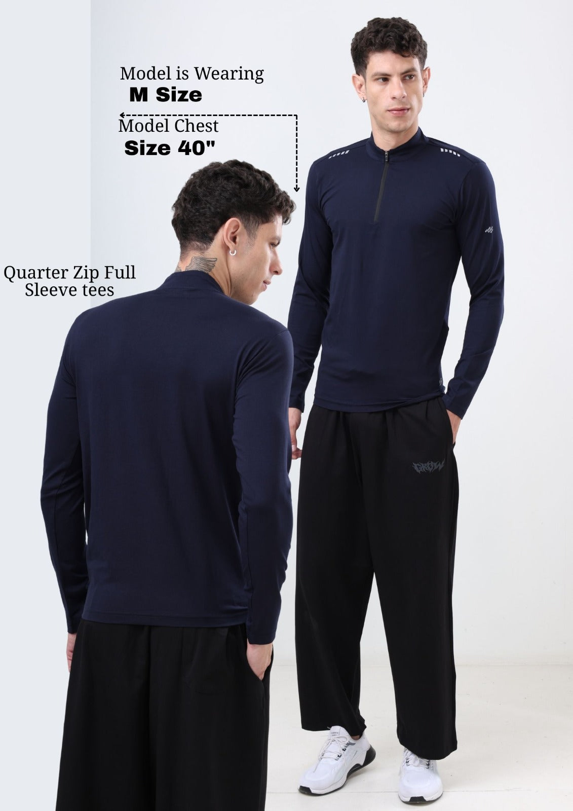 Quarter Zip Solid Full Sleeve T-Shirt (Cotton Feel) Navy
