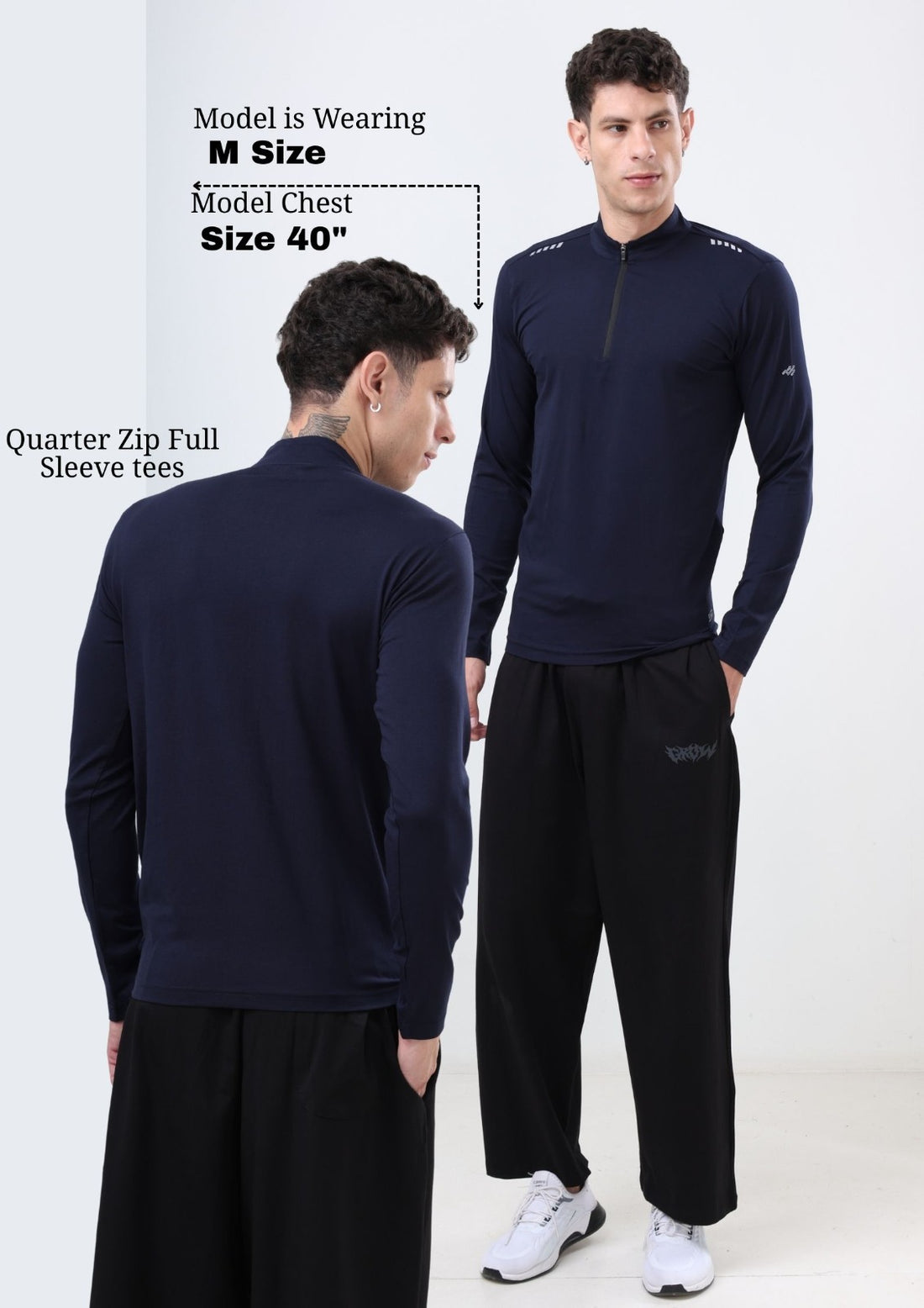 Quarter Zip Solid Full Sleeve T-Shirt (Cotton Feel) Navy