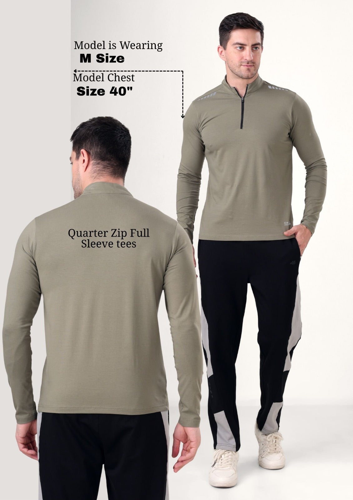 Quarter Zip Solid Full Sleeve T-Shirt (Cotton Feel) Mid Grey