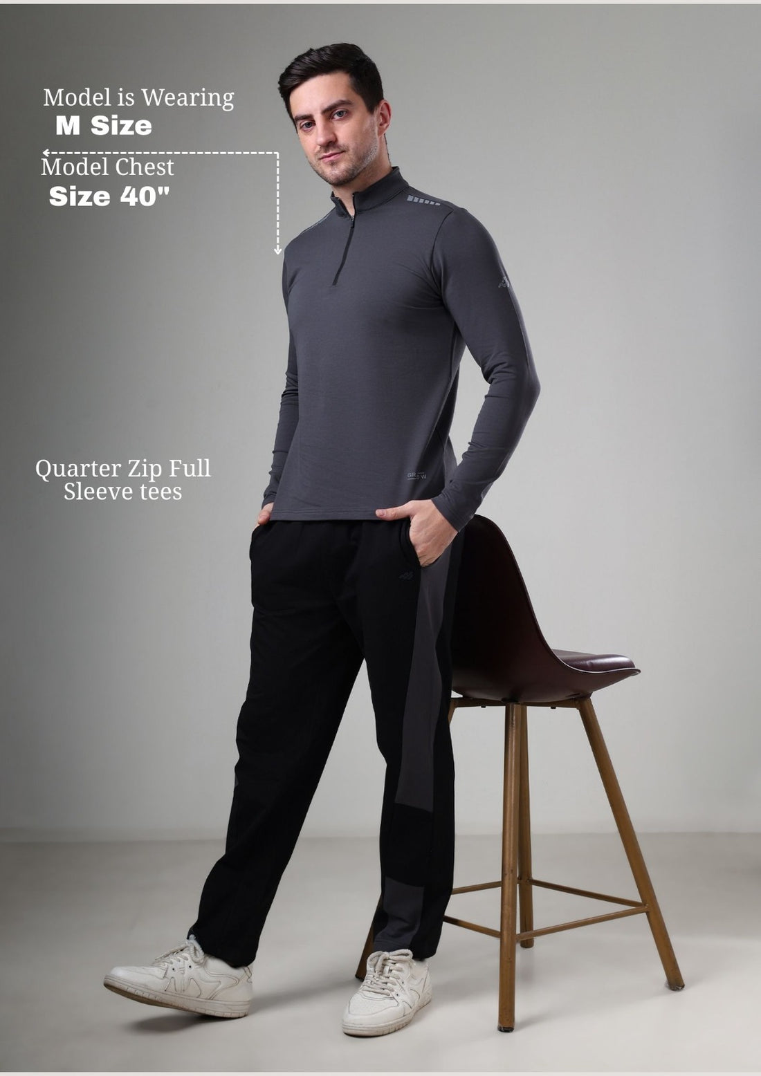 Quarter Zip Solid Full Sleeve T-Shirt (Cotton Feel) Dark Grey