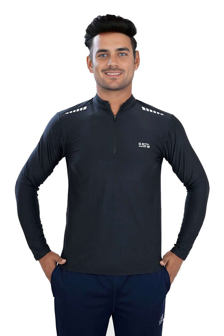 Quarter Zip Solid Full Sleeve T-Shirt (Cotton Feel) Black